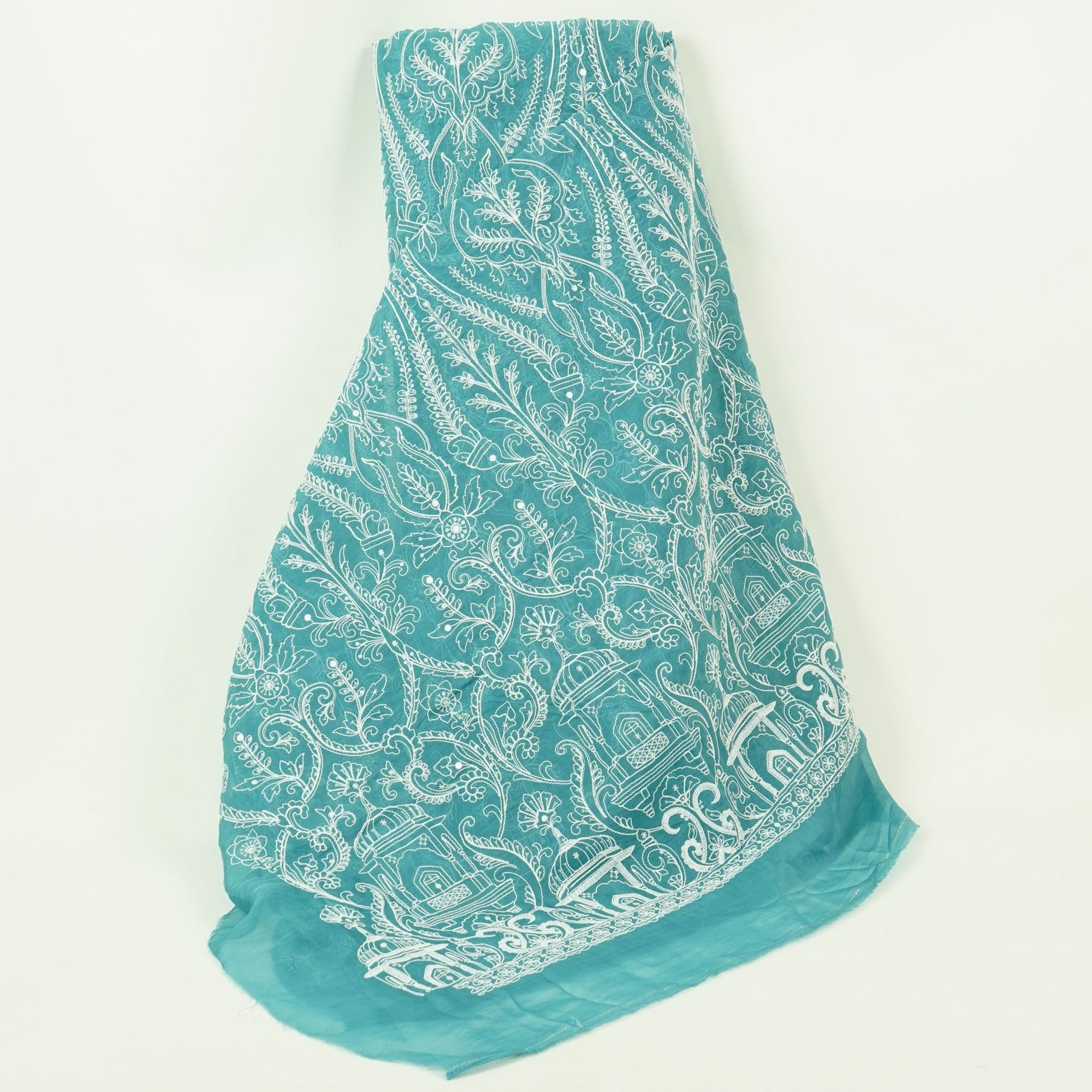 Peacock Blue Traditional Dori Work Organza Fabric VFS-31520 - TradeUNO