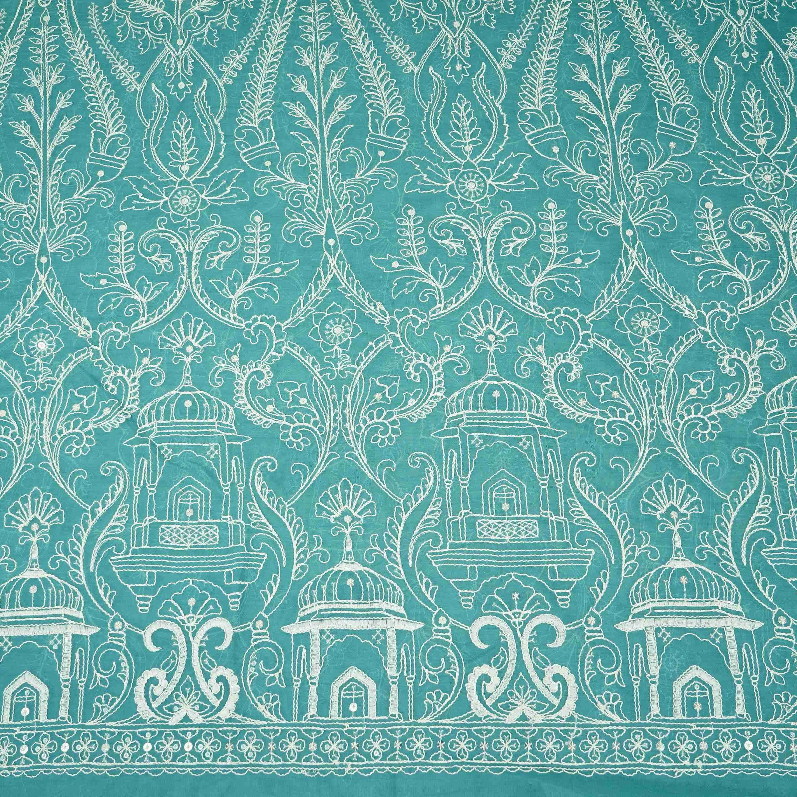 Peacock Blue Traditional Dori Work Organza Fabric VFS-31520 - TradeUNO