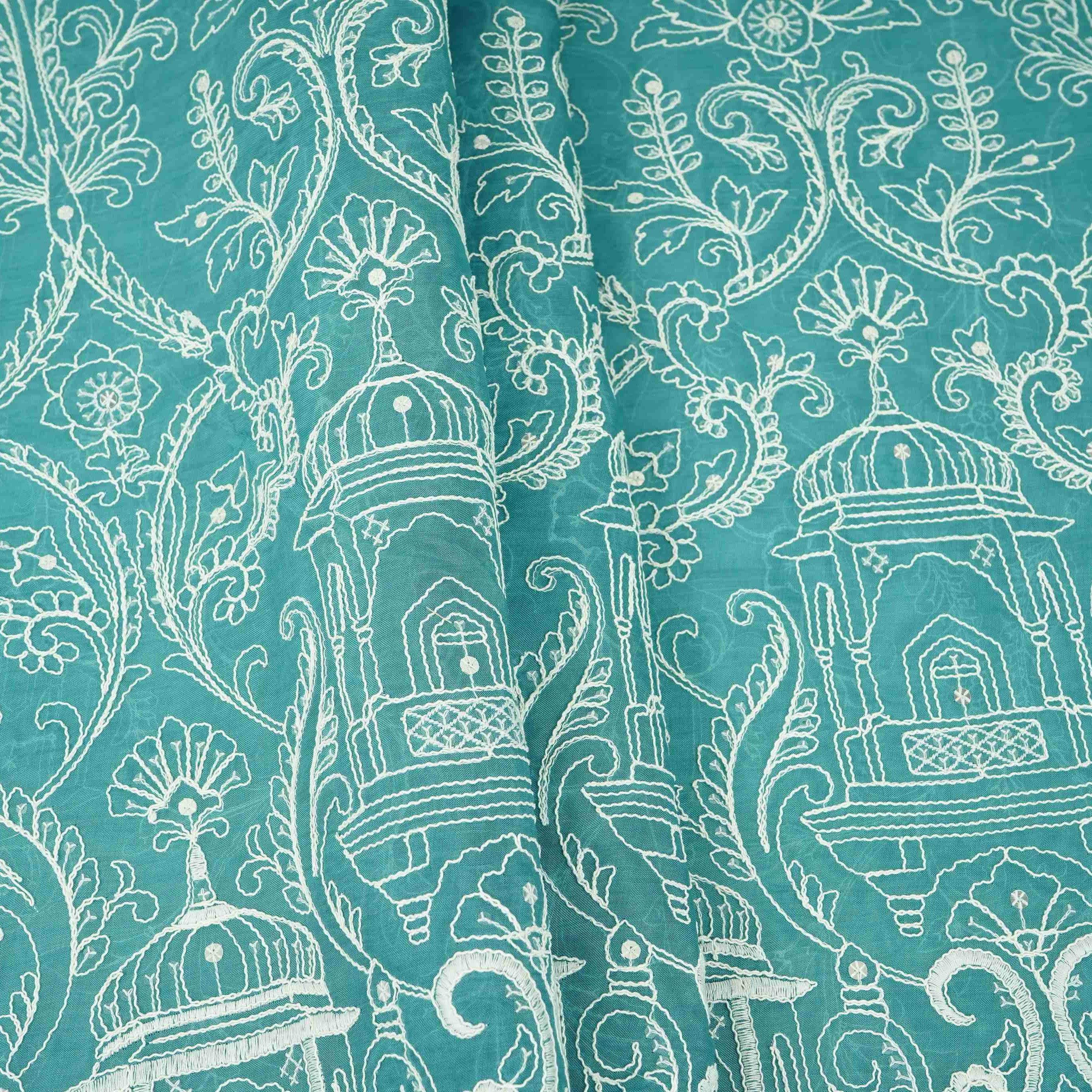Peacock Blue Traditional Dori Work Organza Fabric VFS-31520 - TradeUNO