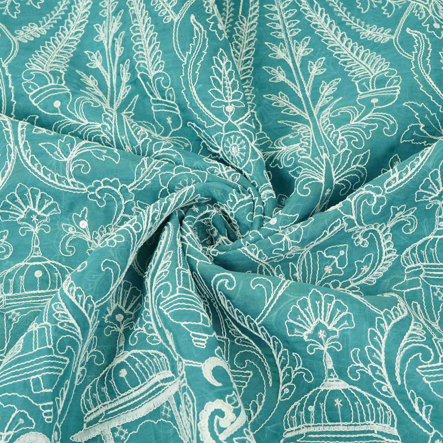 Peacock Blue Traditional Dori Work Organza Fabric VFS-31520