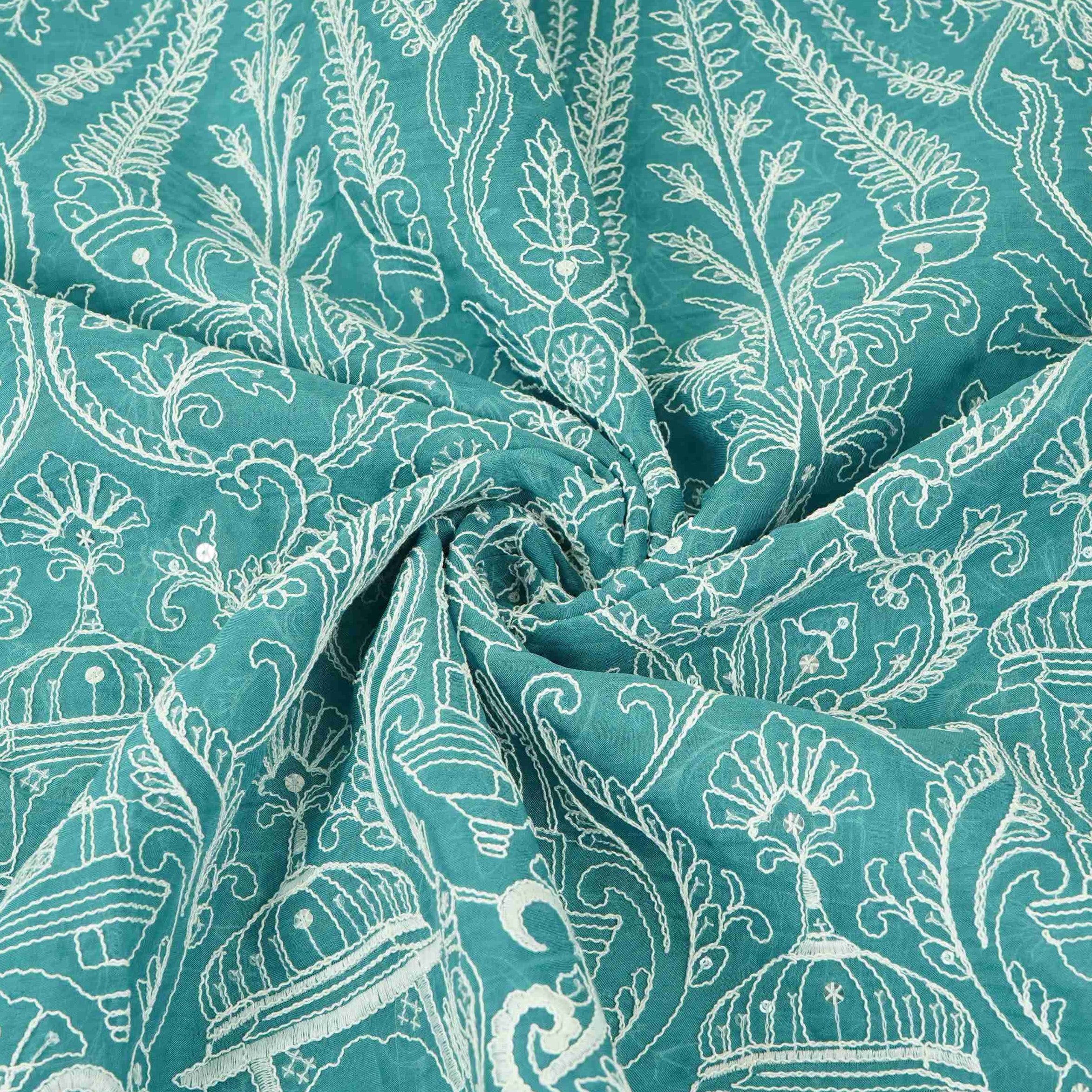 Peacock Blue Traditional Dori Work Organza Fabric VFS-31520 - TradeUNO