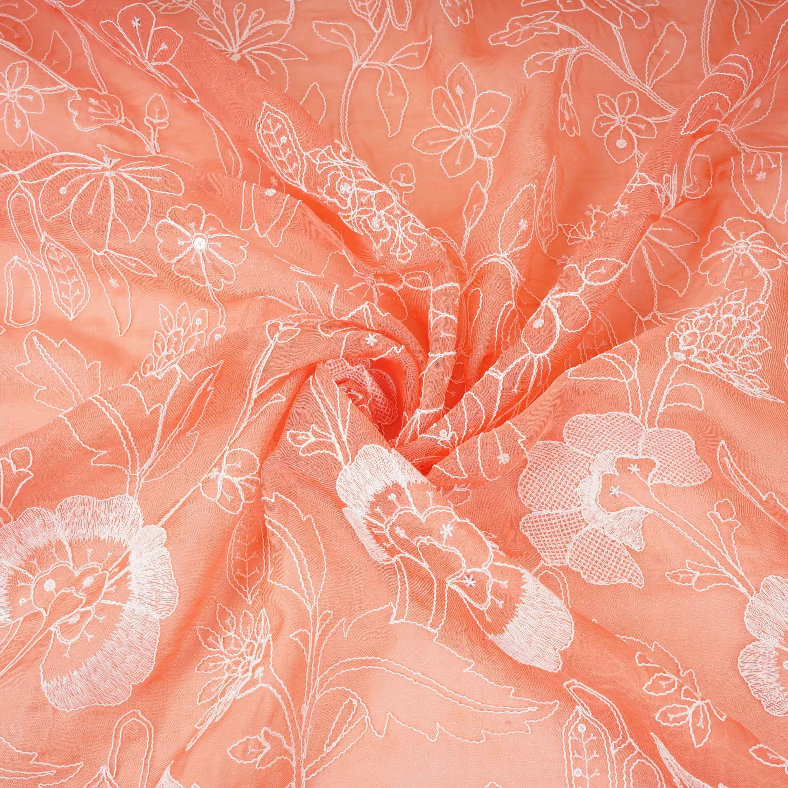Salmon Pink Chikankari embroidery Organza Fabric VFS-31705 - TradeUNO
