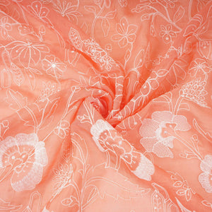 Salmon Pink Chikankari embroidery Organza Fabric VFS-31705 - TradeUNO