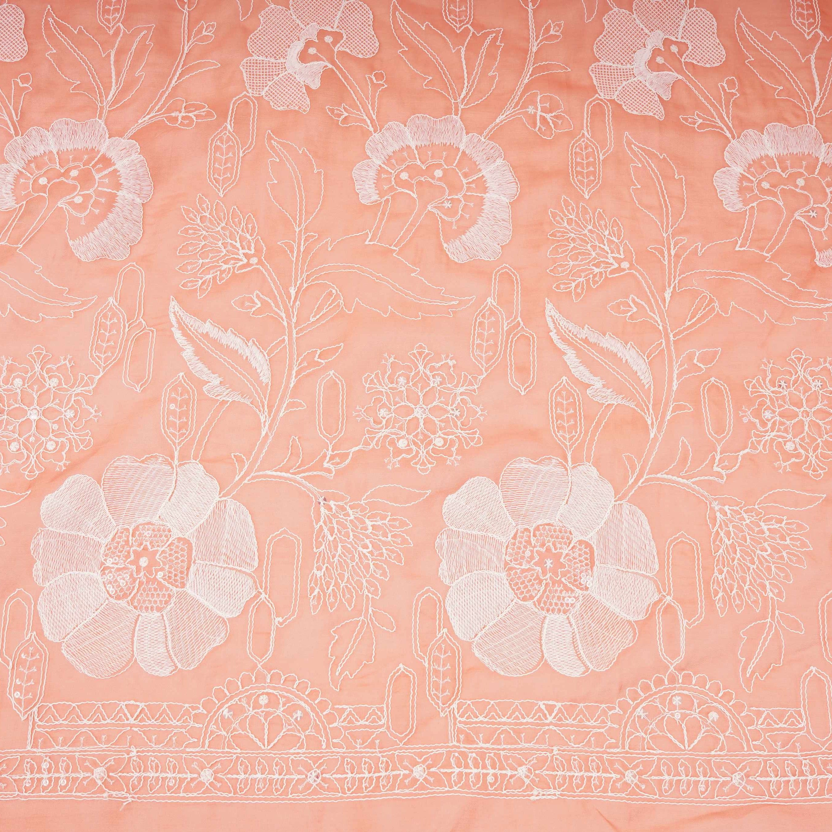 Salmon Pink Chikankari embroidery Organza Fabric VFS-31705 - TradeUNO