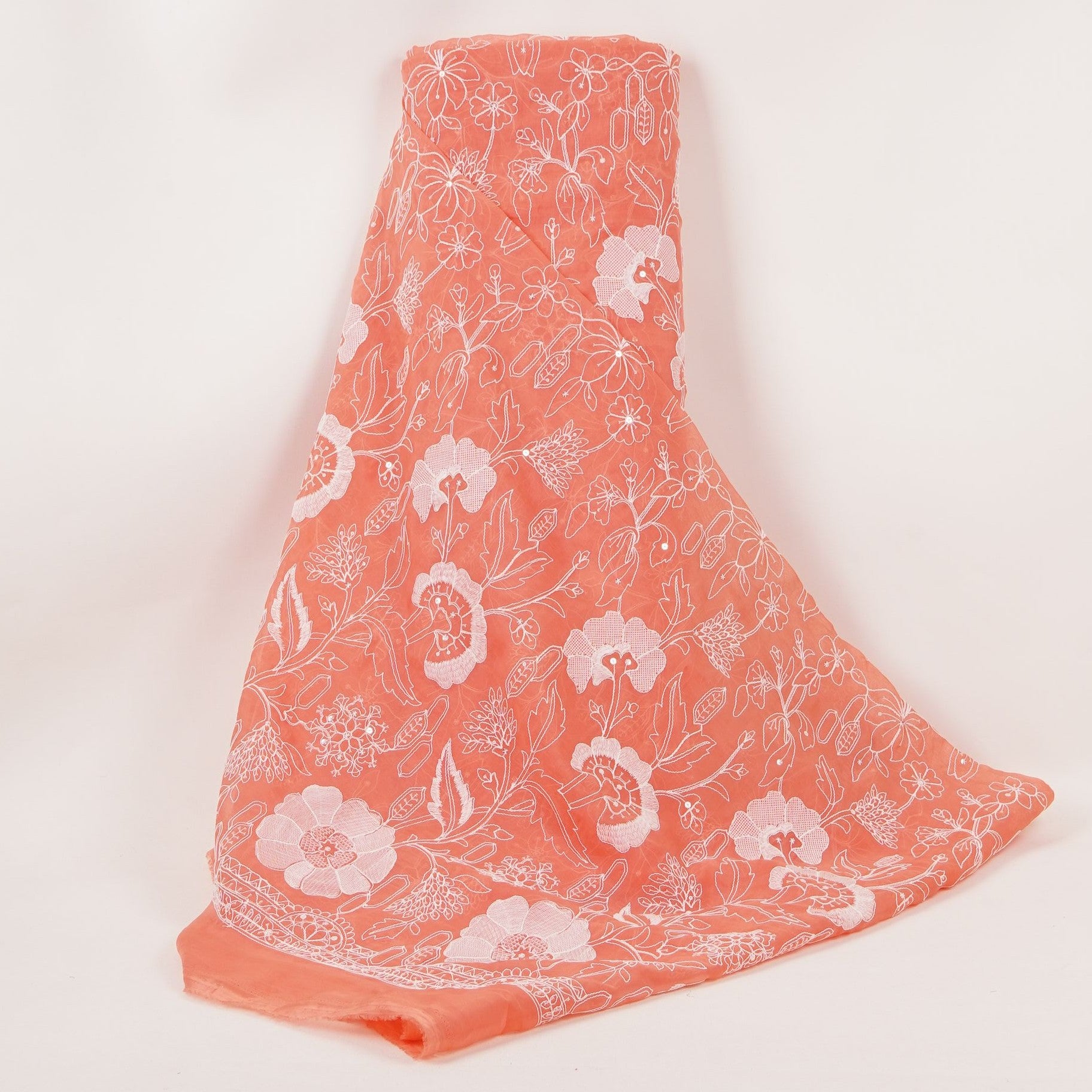 Salmon Pink Chikankari embroidery Organza Fabric VFS-31705 - TradeUNO