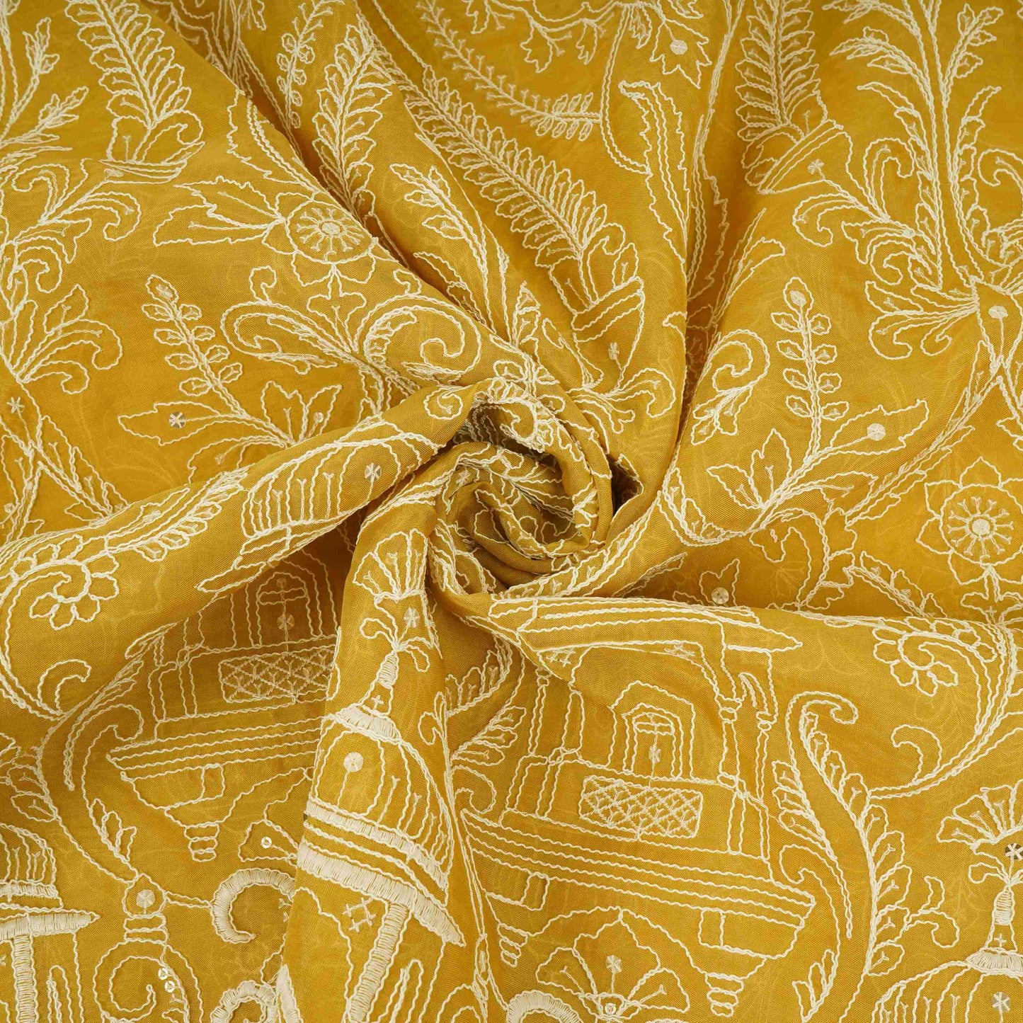 Mustard Traditional Dori Work Organza Fabric VFS-31521