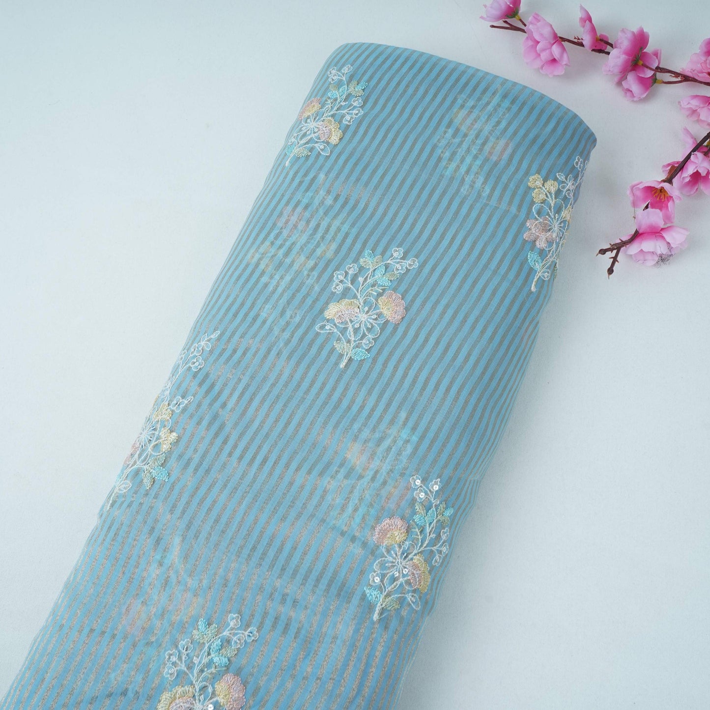 Sky Blue Zari Stripes floral thread embroidery Malai Chanderi Fabric VFS-31542