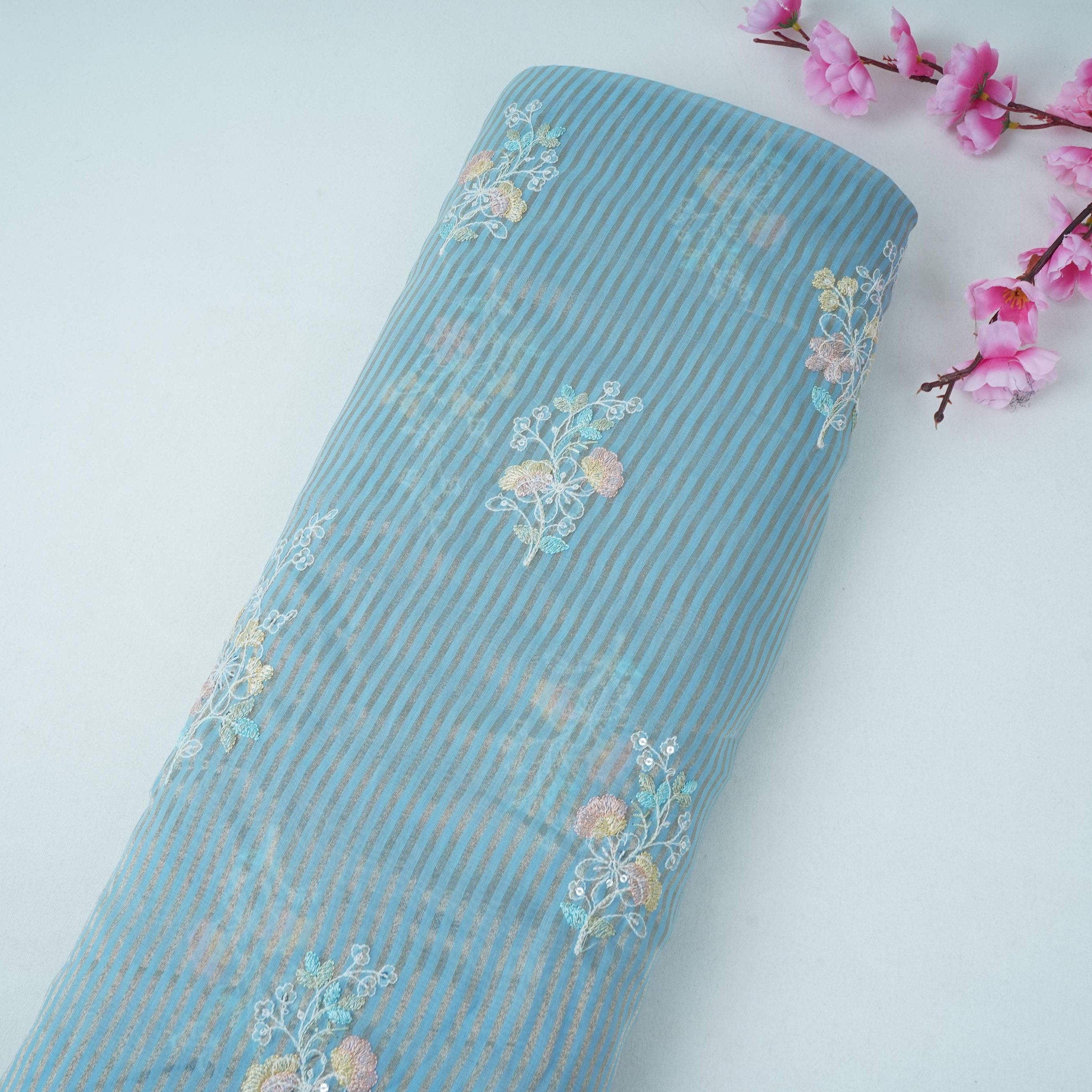 Sky Blue Zari Stripes floral thread embroidery Malai Chanderi Fabric VFS-31542 - TradeUNO