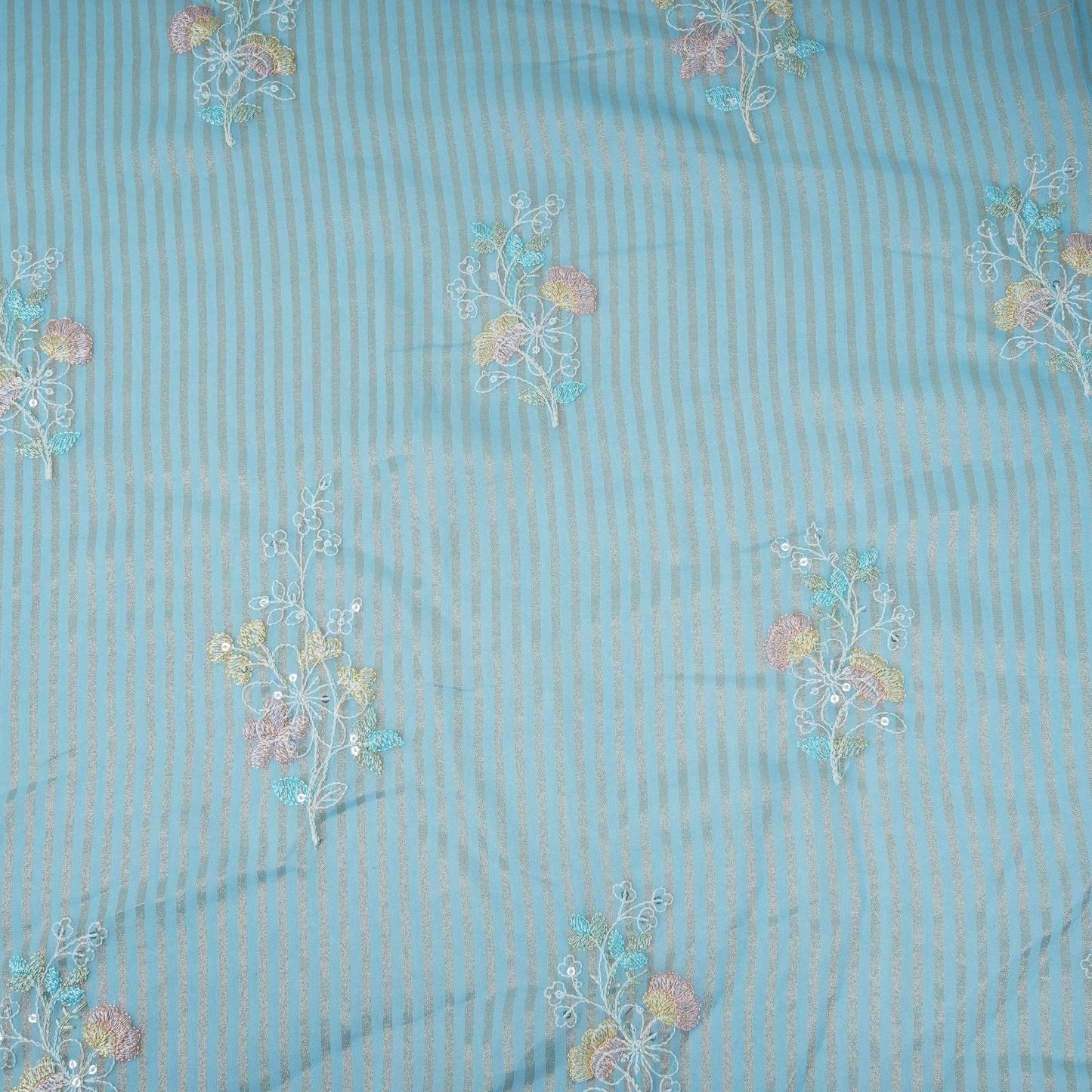 Sky Blue Zari Stripes floral thread embroidery Malai Chanderi Fabric VFS-31542