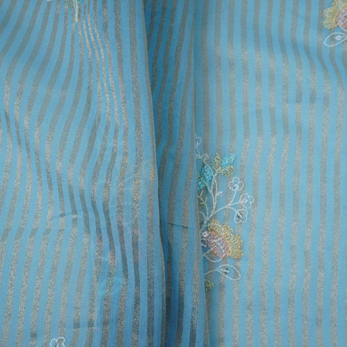Sky Blue Zari Stripes floral thread embroidery Malai Chanderi Fabric VFS-31542