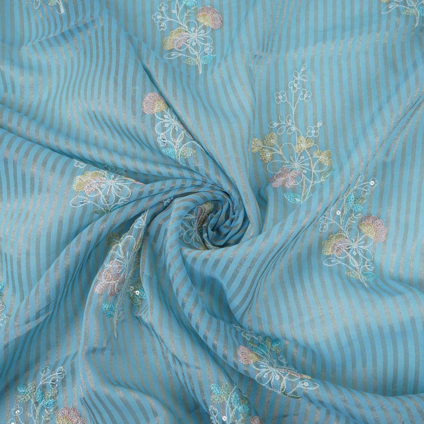 Sky Blue Zari Stripes floral thread embroidery Malai Chanderi Fabric VFS-31542