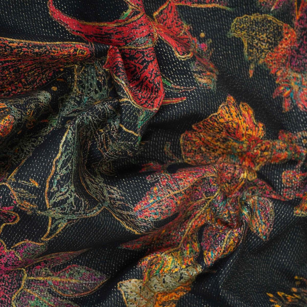Black Shimmer Big floral print 60s Cotton Fabric PI-31887 - TradeUNO