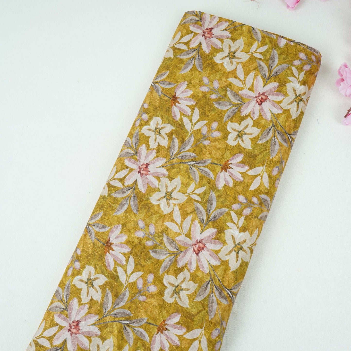 Mustard Shimmer floral print 60s Cotton Fabric PI-31877