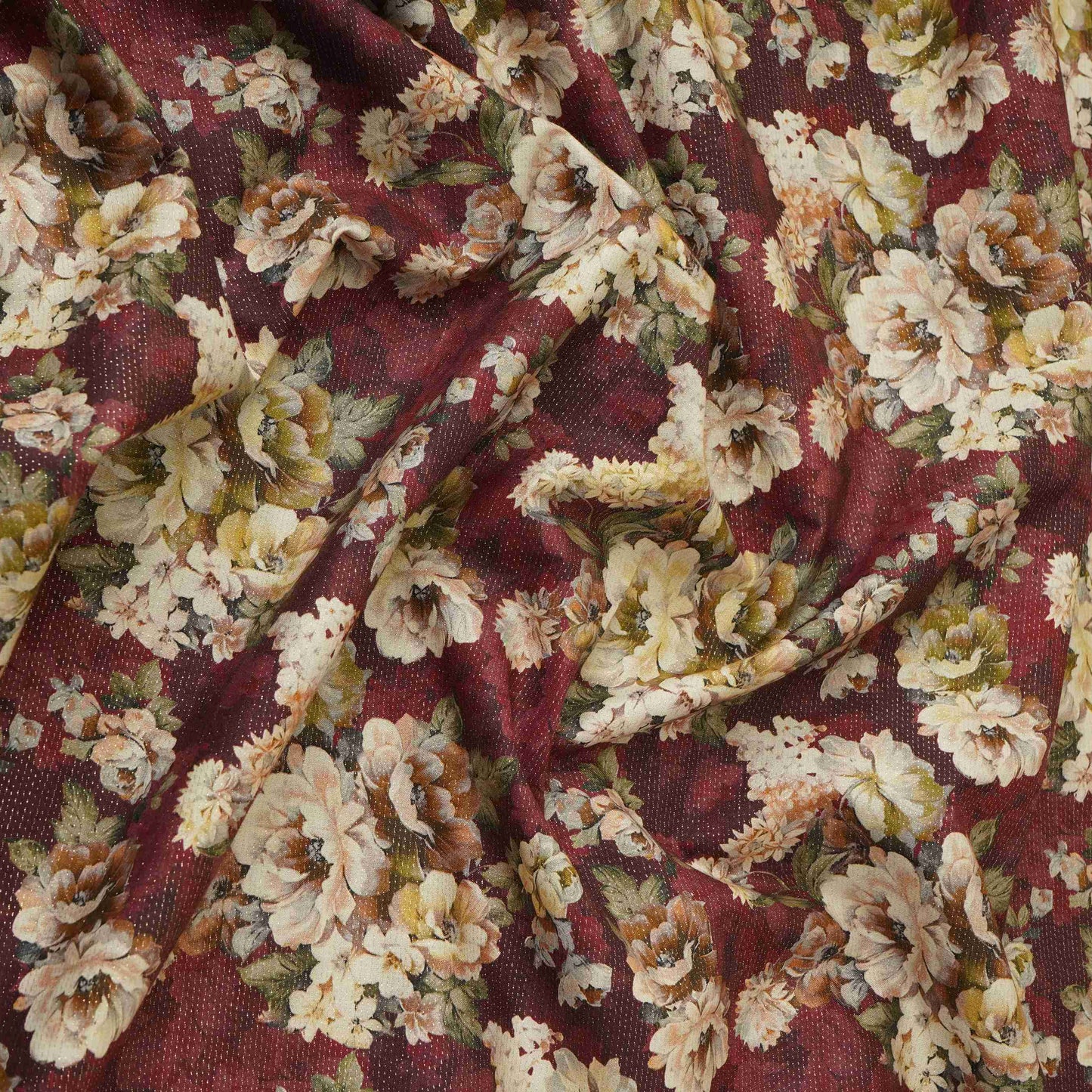 Maroon Shimmer floral print 60s Cotton Fabric PI-31886