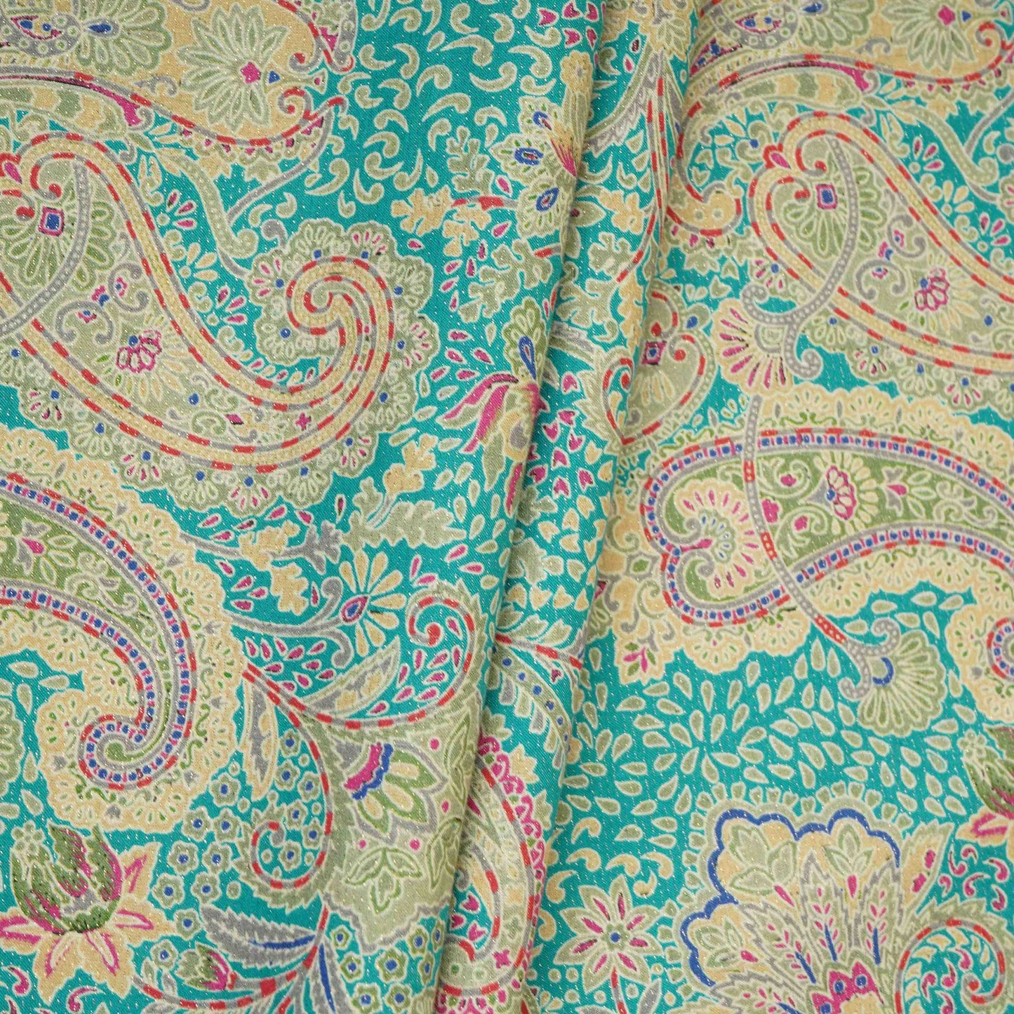 Teal Blue Shimmer Paisley print 60s Cotton Fabric PI-31878