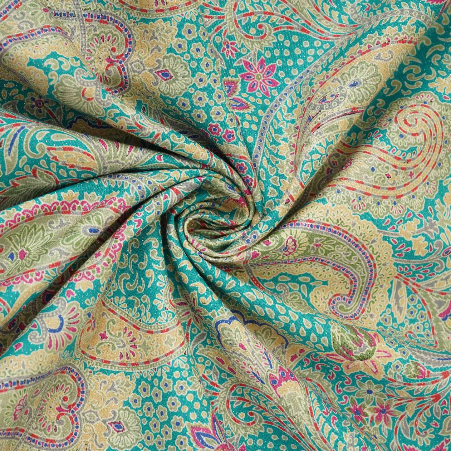 Teal Blue Shimmer Paisley print 60s Cotton Fabric PI-31878