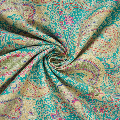 Teal Blue Shimmer Paisley print 60s Cotton Fabric PI-31878