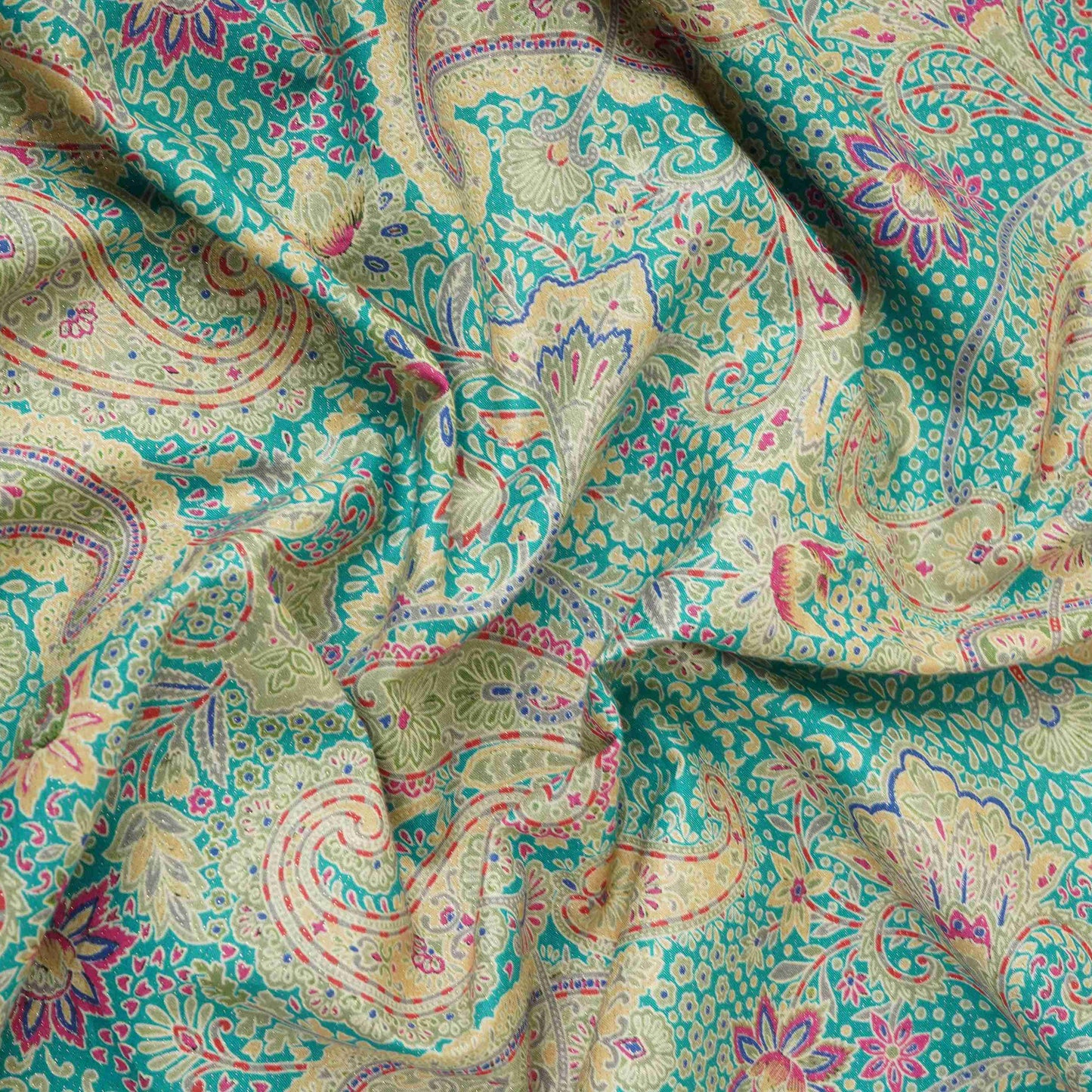 Teal Blue Shimmer Paisley print 60s Cotton Fabric PI-31878