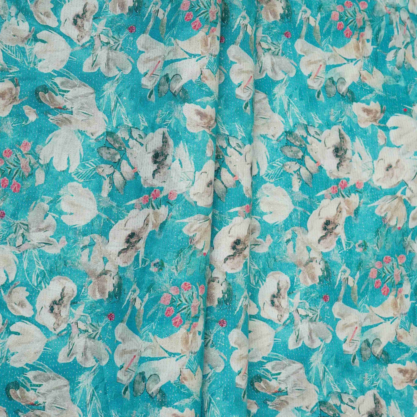 Sky Blue Shimmer floral print 60s Cotton Fabric PI-31884