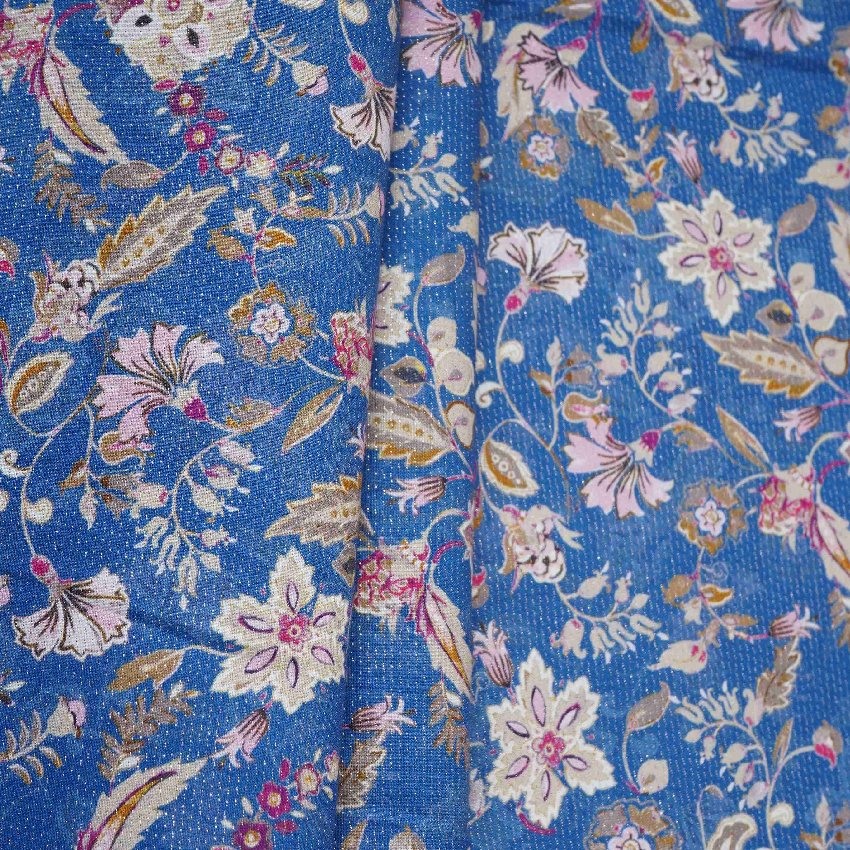 Royal Blue Shimmer floral print 60s Cotton Fabric PI-31888 - TradeUNO