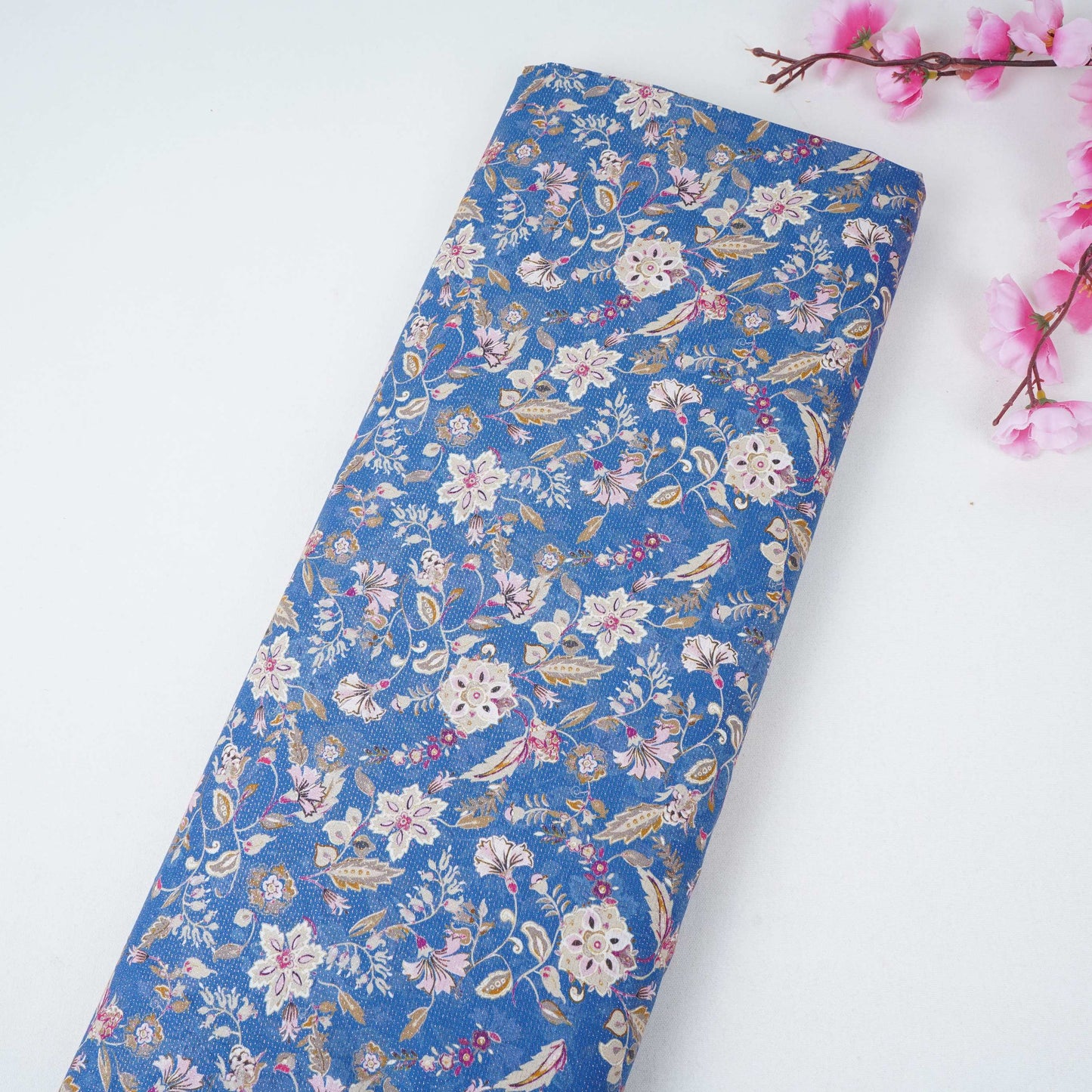 Royal Blue Shimmer floral print 60s Cotton Fabric PI-31888