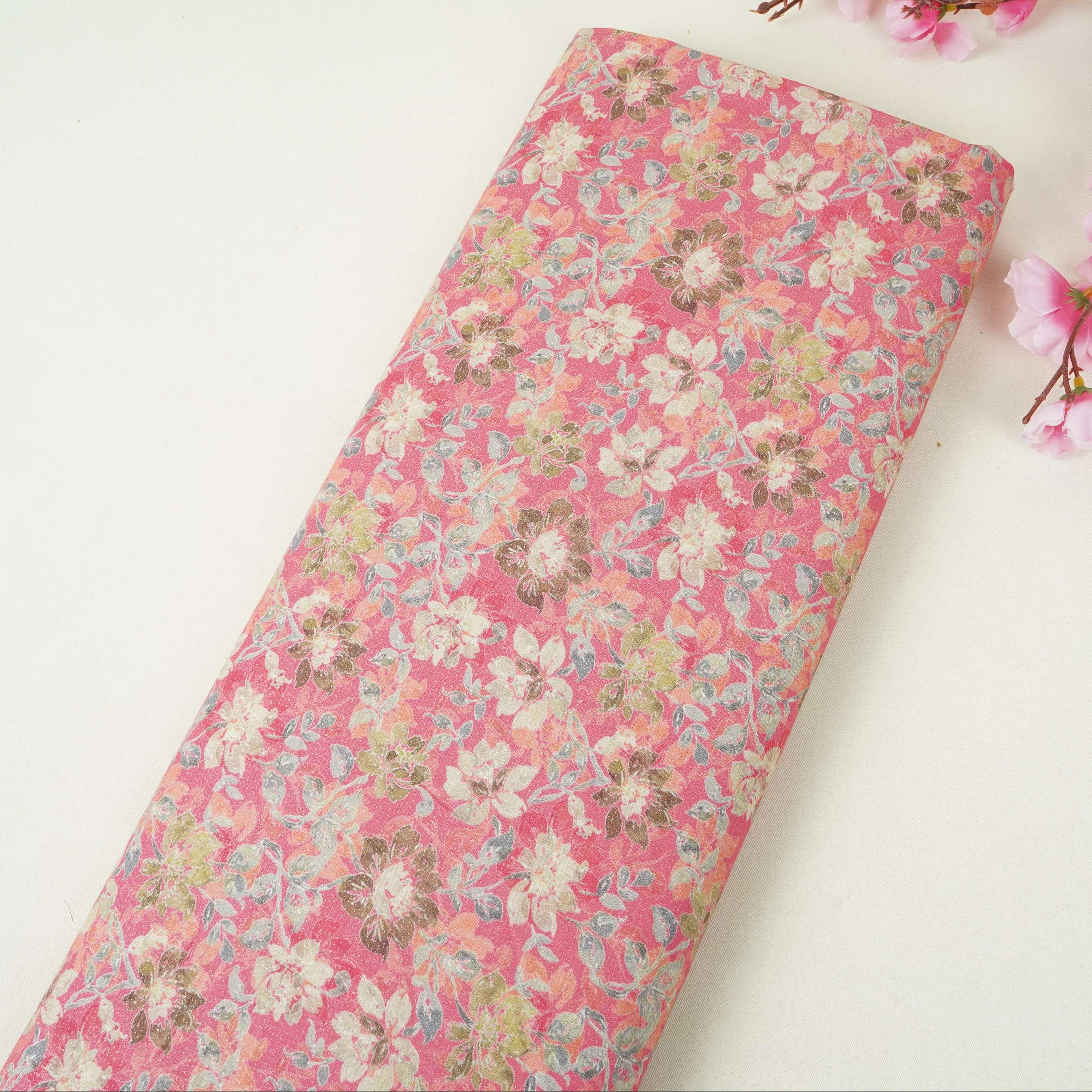 Pink Shimmer floral print 60s Cotton Fabric PI-31883 - TradeUNO