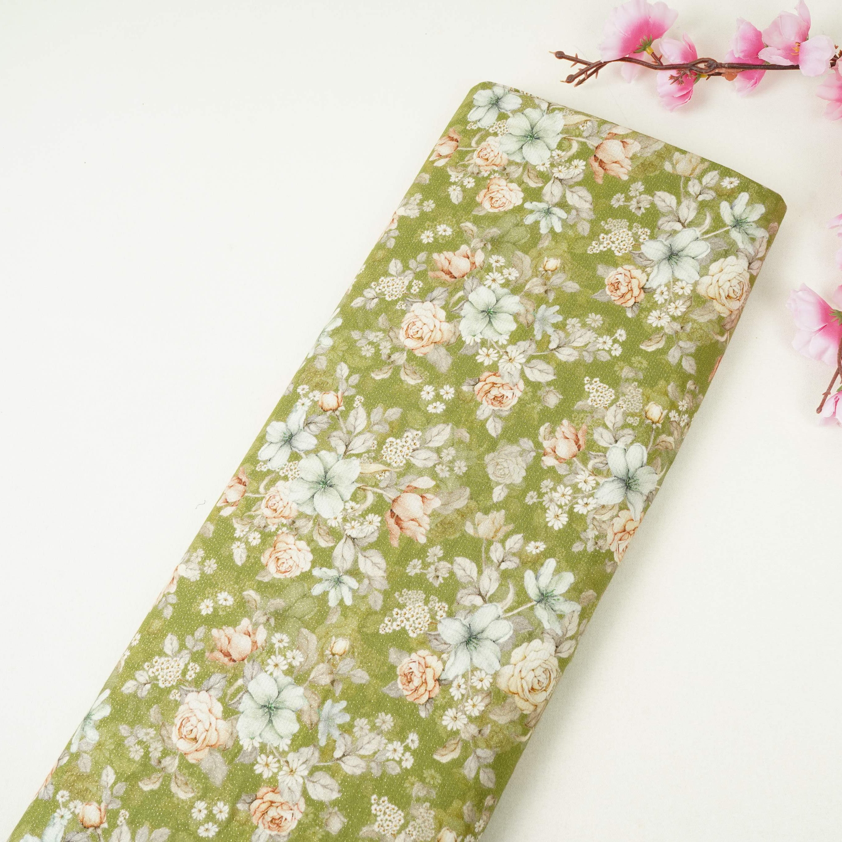Green Shimmer floral print 60s Cotton Fabric PI-31881 - TradeUNO