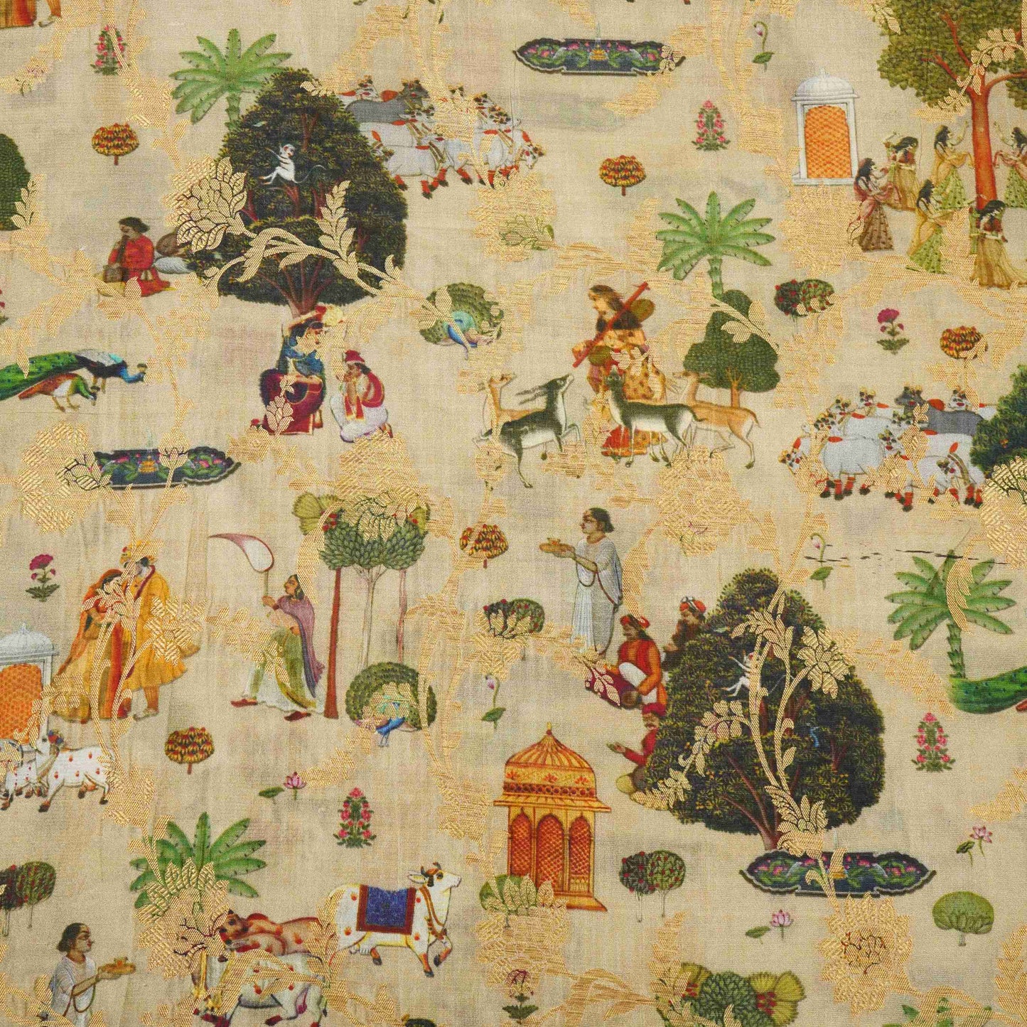 Beige Traditional Jacquard print Raw Mango Silk Fabric CW-31585