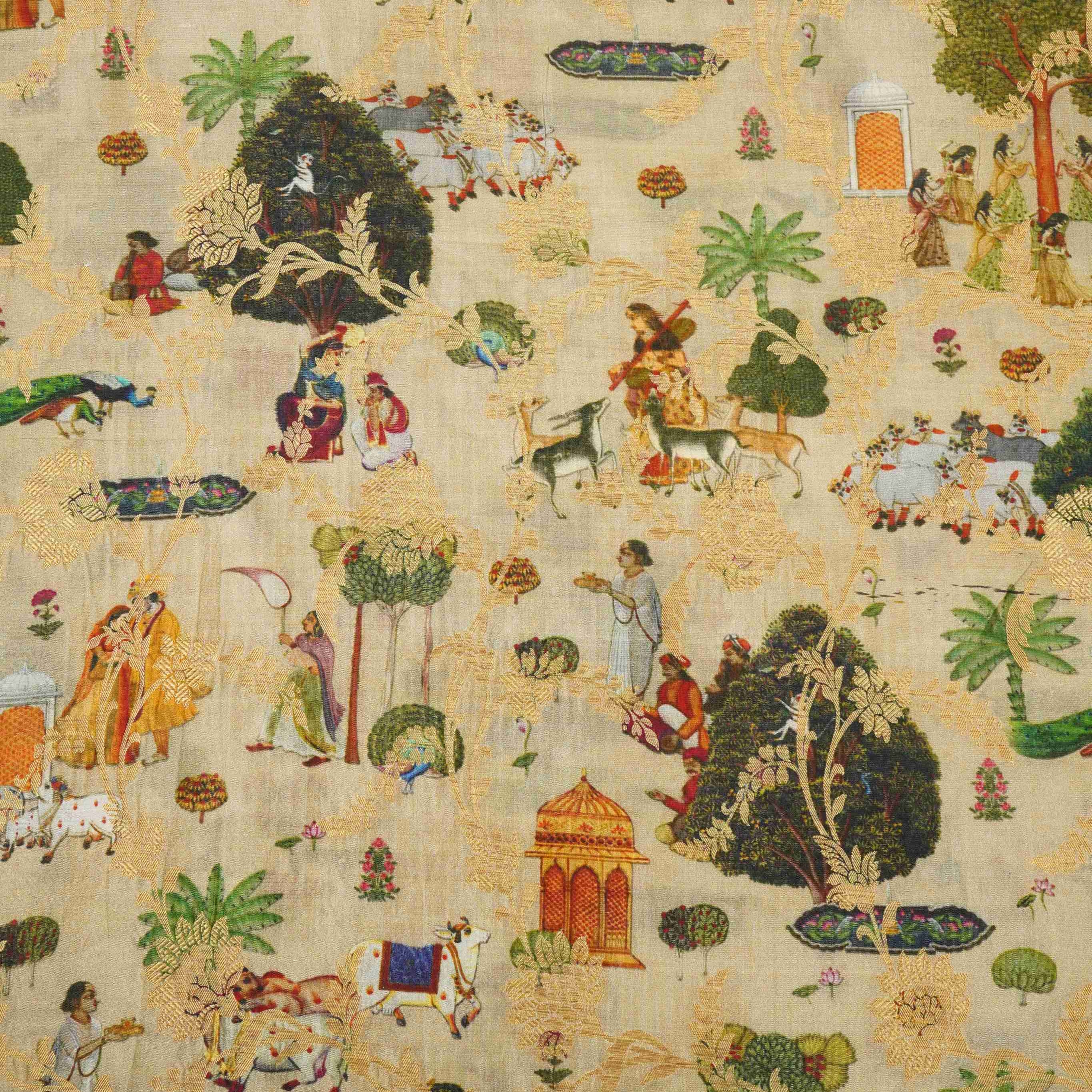 Beige Traditional Jacquard print Raw Mango Silk Fabric CW-31585 - TradeUNO