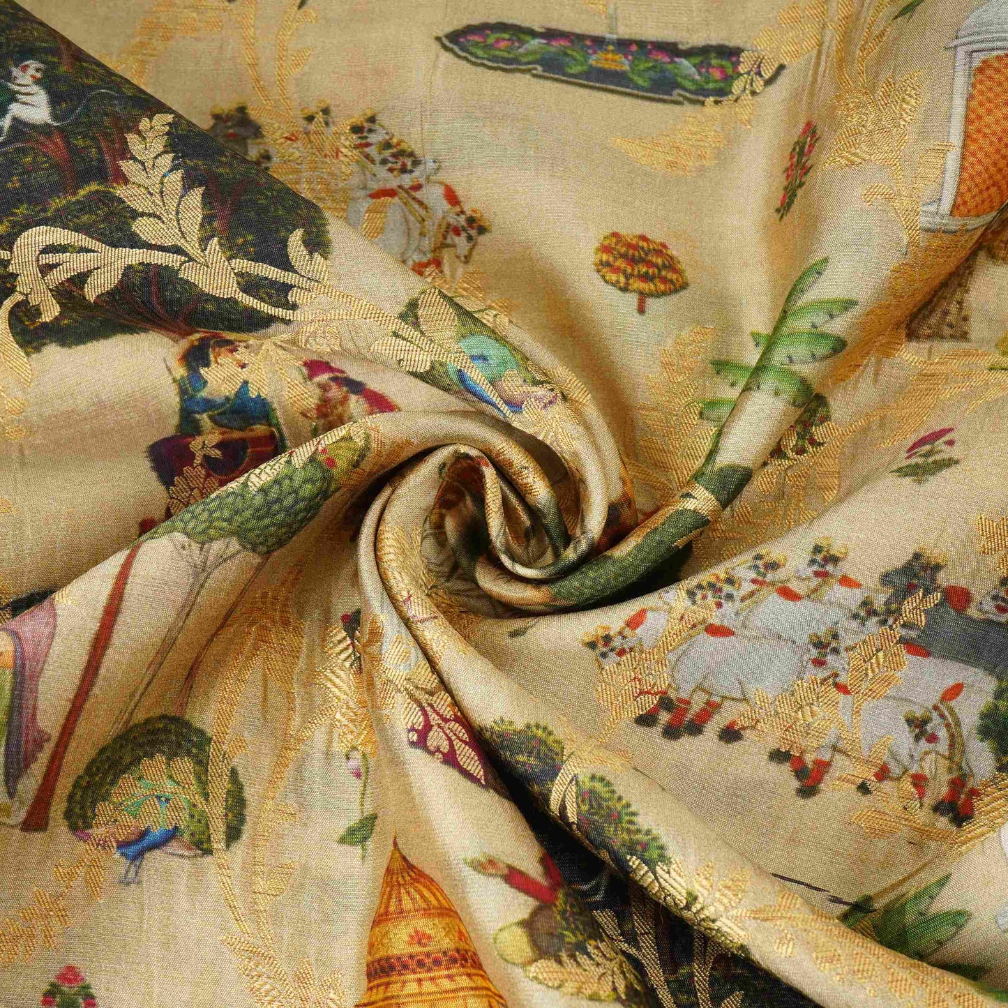 Beige Traditional Jacquard print Raw Mango Silk Fabric CW-31585