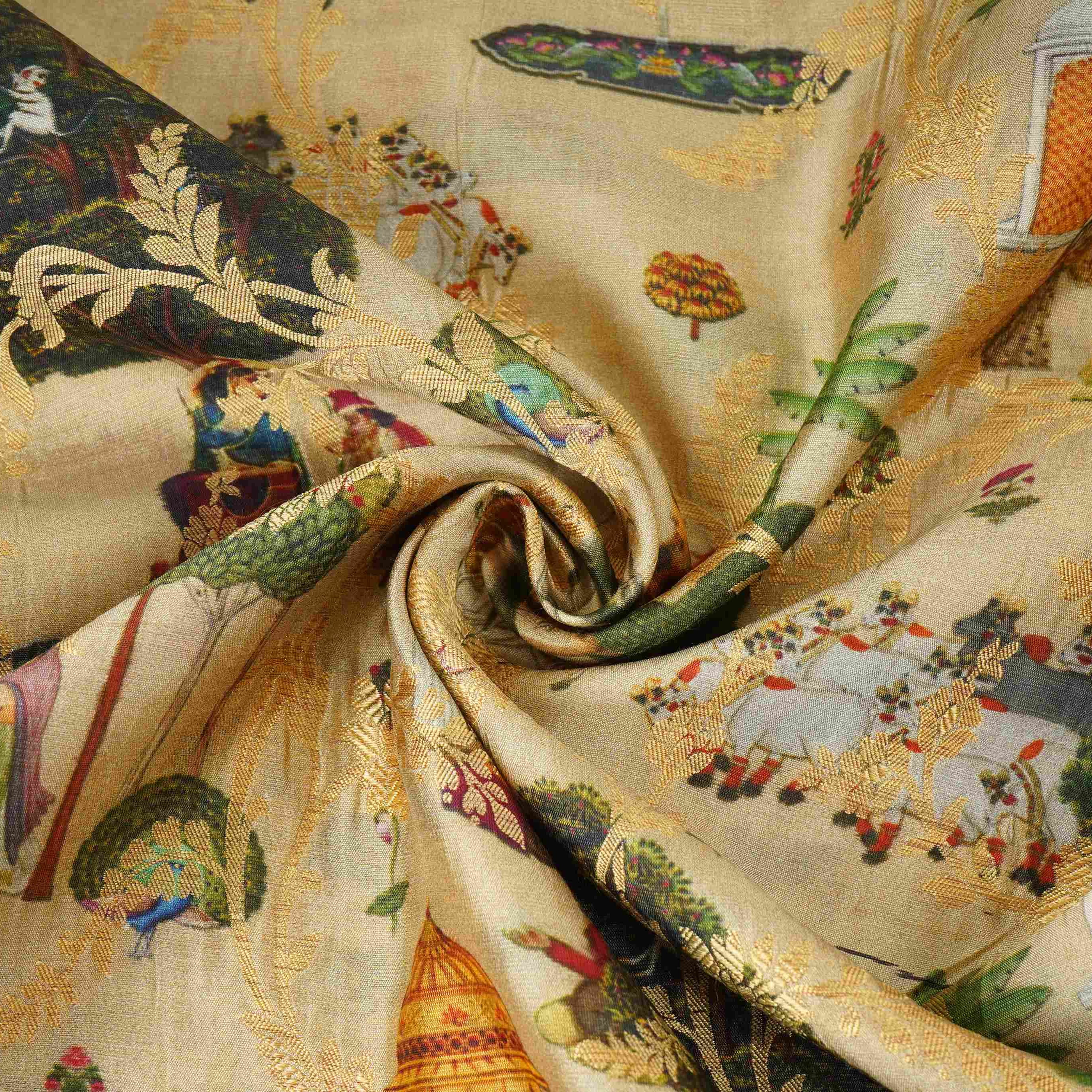 Beige Traditional Jacquard print Raw Mango Silk Fabric CW-31585 - TradeUNO