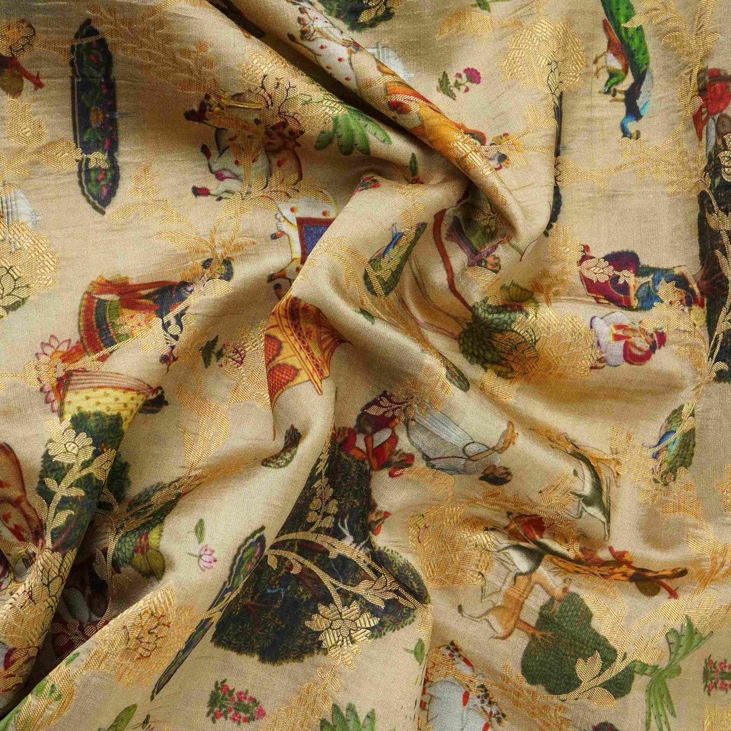 Beige Traditional Jacquard print Raw Mango Silk Fabric CW-31585