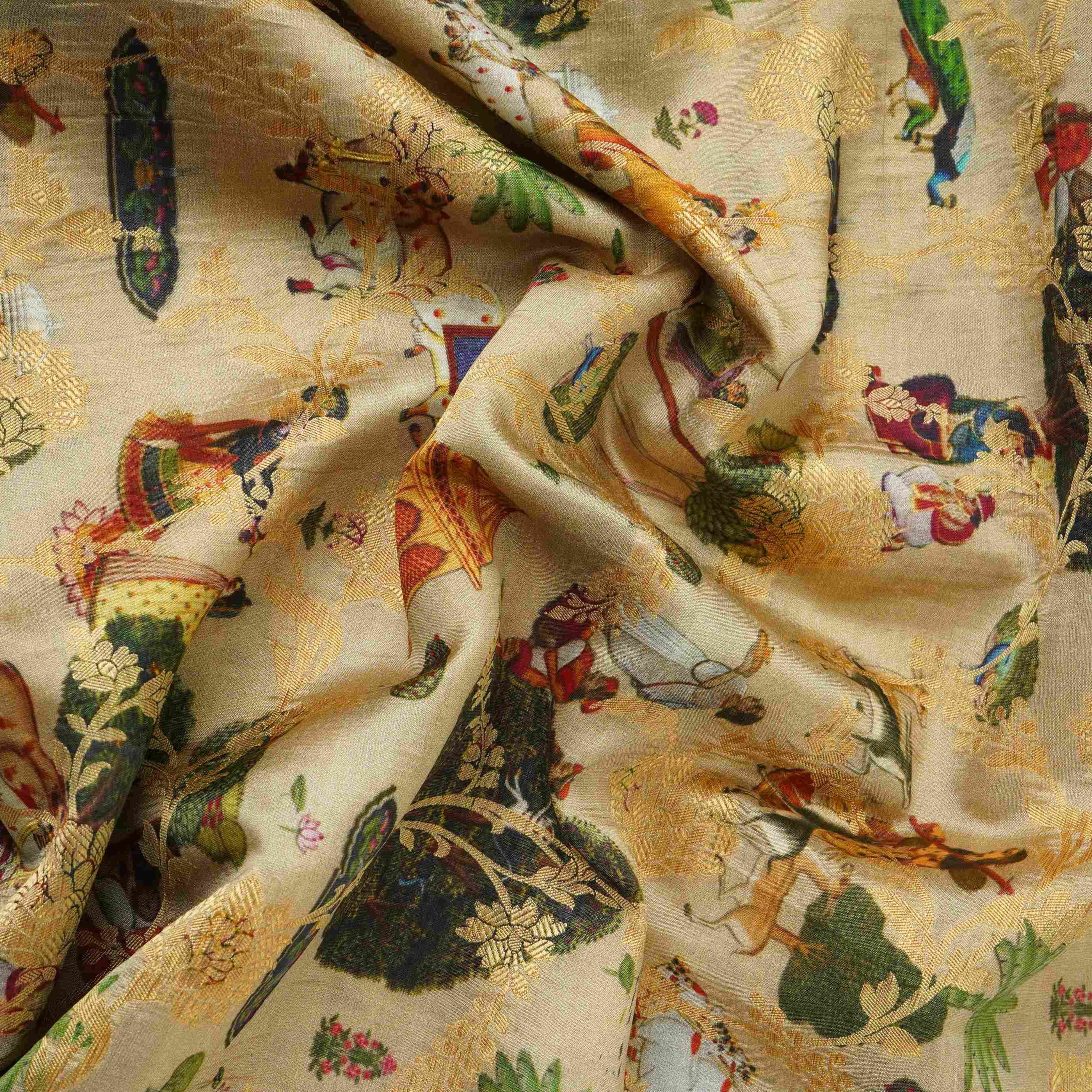 Beige Traditional Jacquard print Raw Mango Silk Fabric CW-31585 - TradeUNO