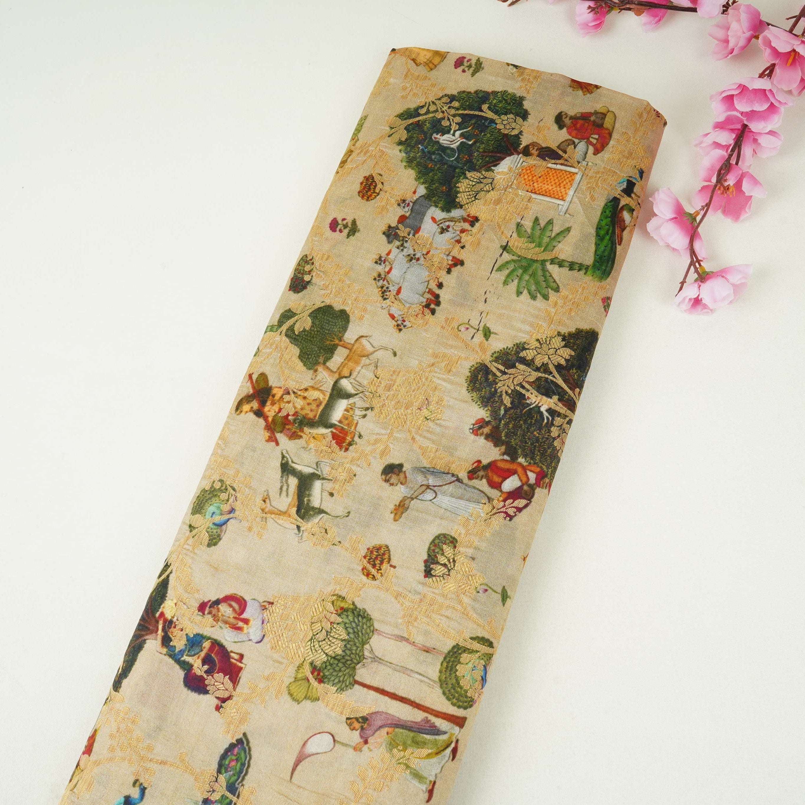 Beige Traditional Jacquard print Raw Mango Silk Fabric CW-31585 - TradeUNO