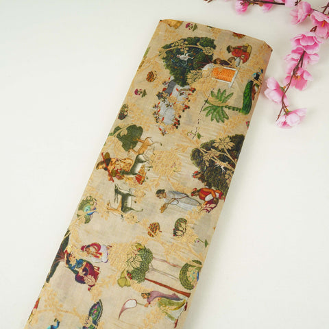 Beige Traditional Jacquard print Raw Mango Silk Fabric CW-31585