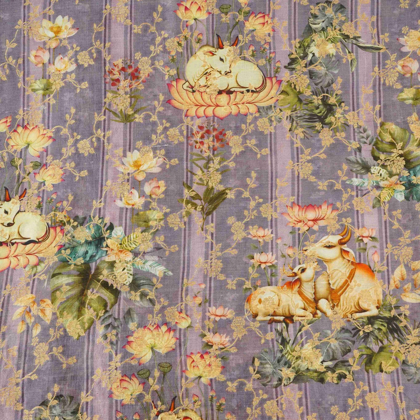 Lavender Pichwai Jacquard stripes Raw Mango Silk Fabric CW-31587