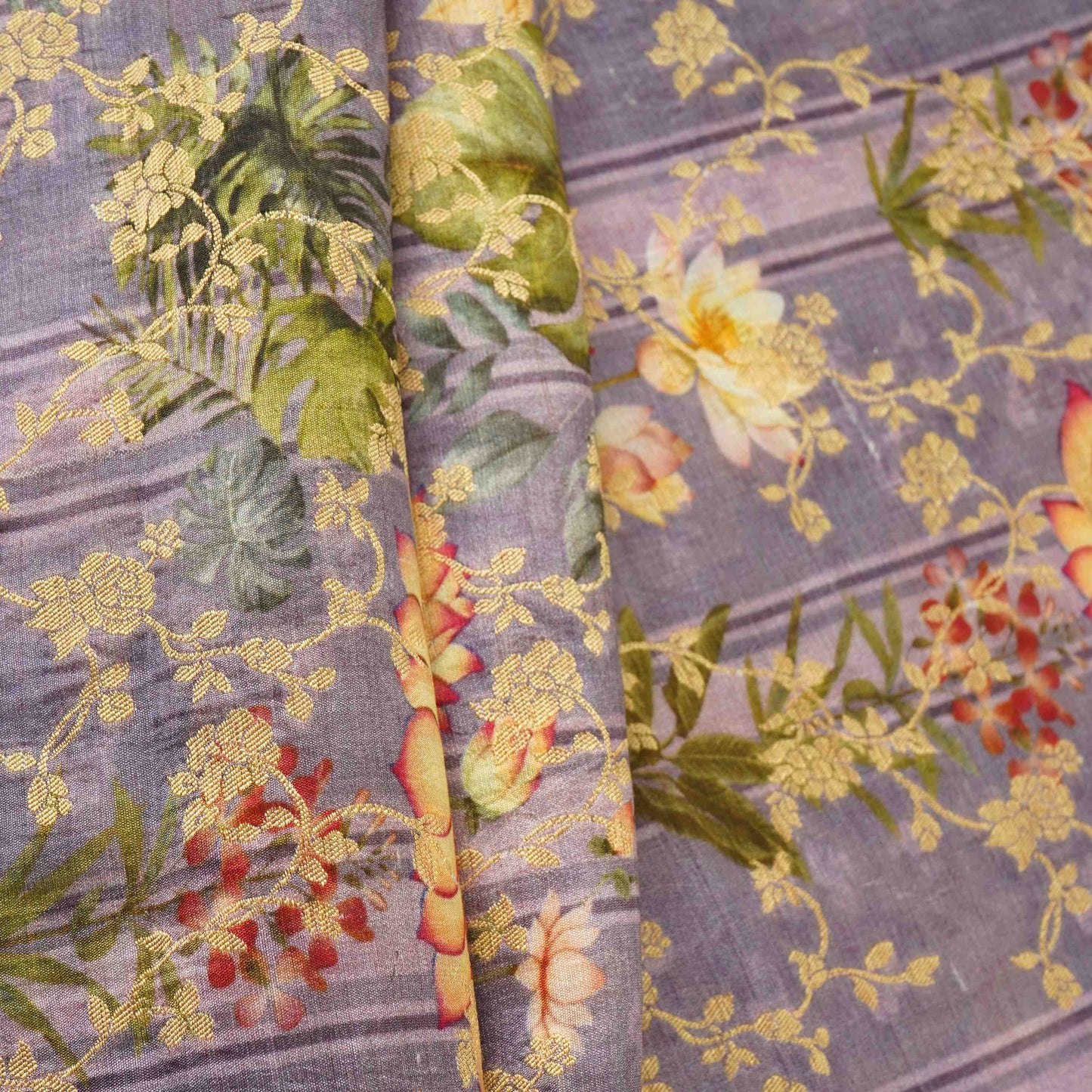 Lavender Pichwai Jacquard stripes Raw Mango Silk Fabric CW-31587