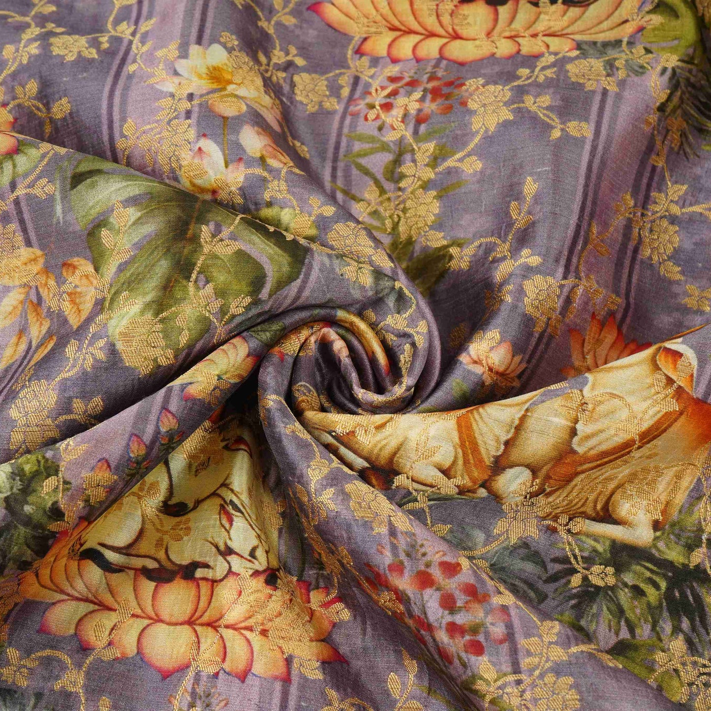 Lavender Pichwai Jacquard stripes Raw Mango Silk Fabric CW-31587