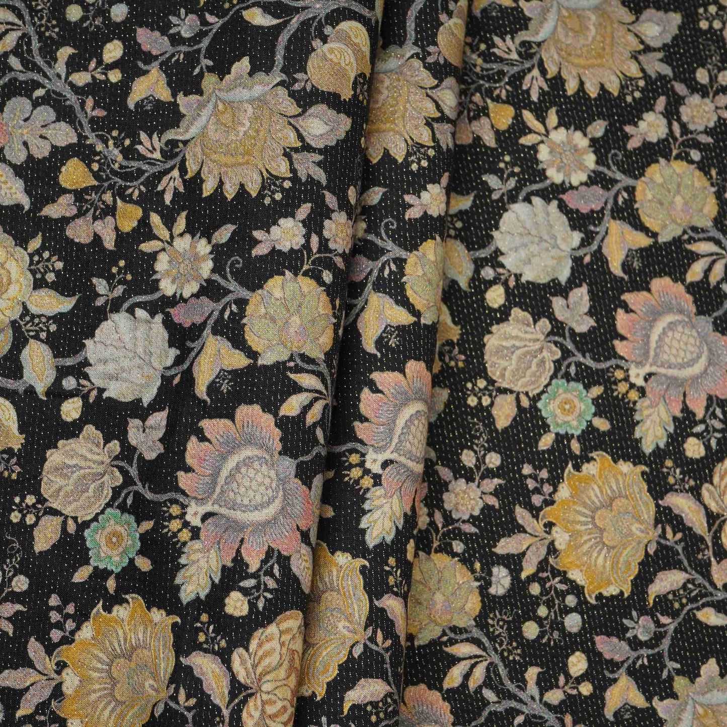 Black Shimmer floral print 60s Cotton Fabric PI-31885