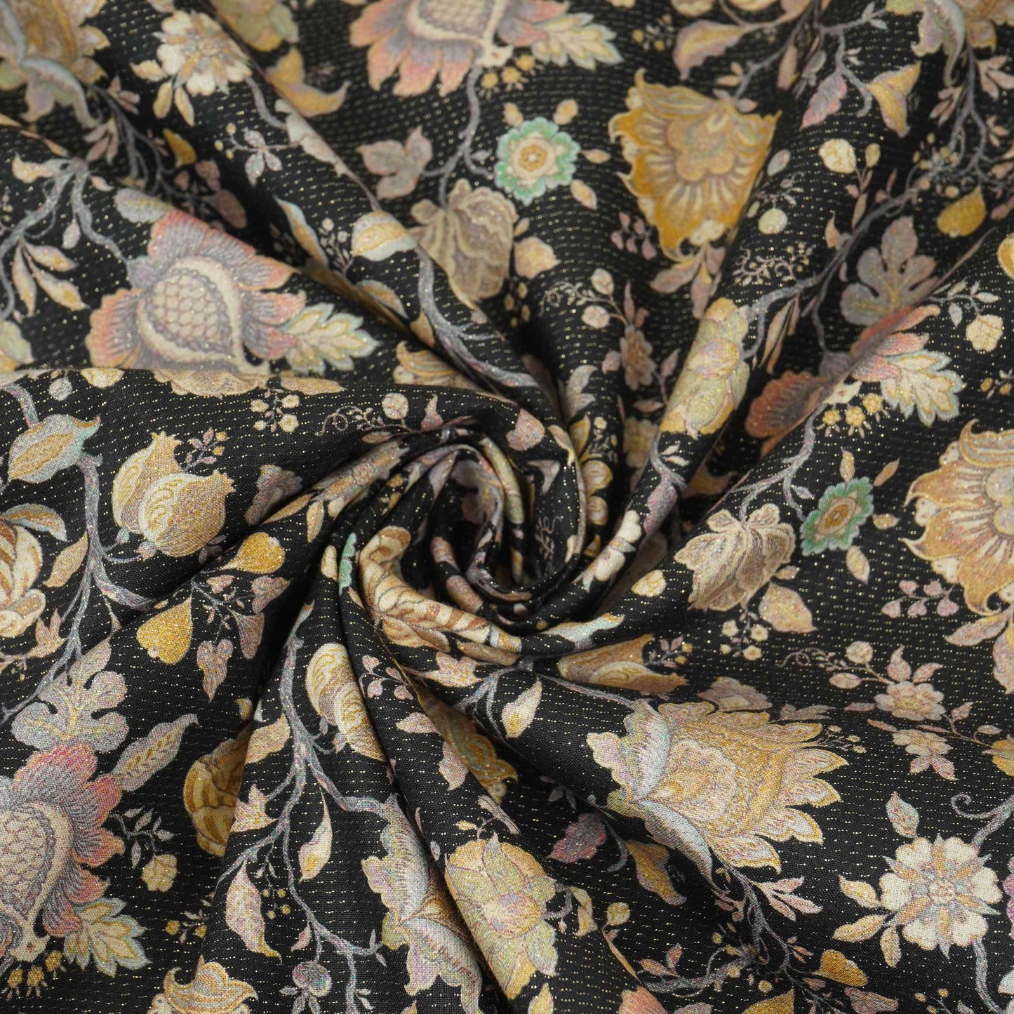Black Shimmer floral print 60s Cotton Fabric PI-31885