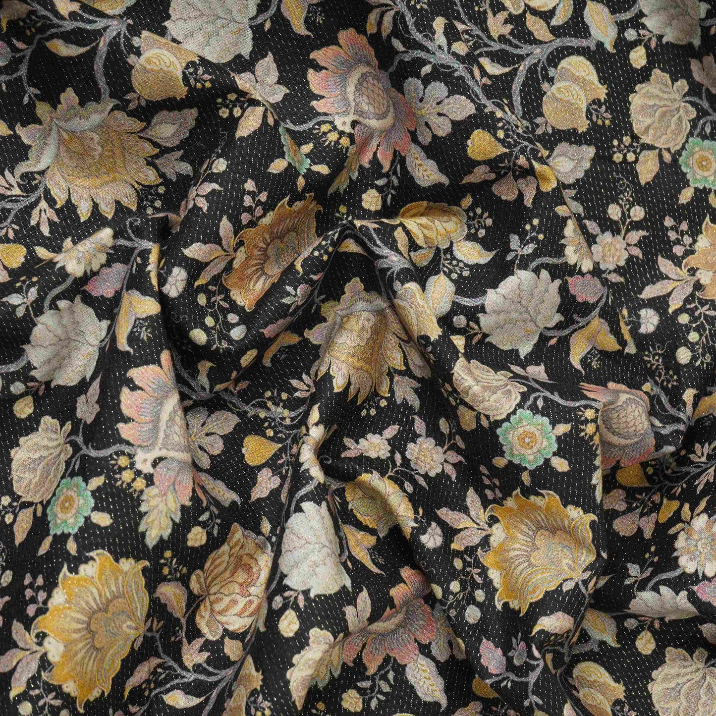 Black Shimmer floral print 60s Cotton Fabric PI-31885