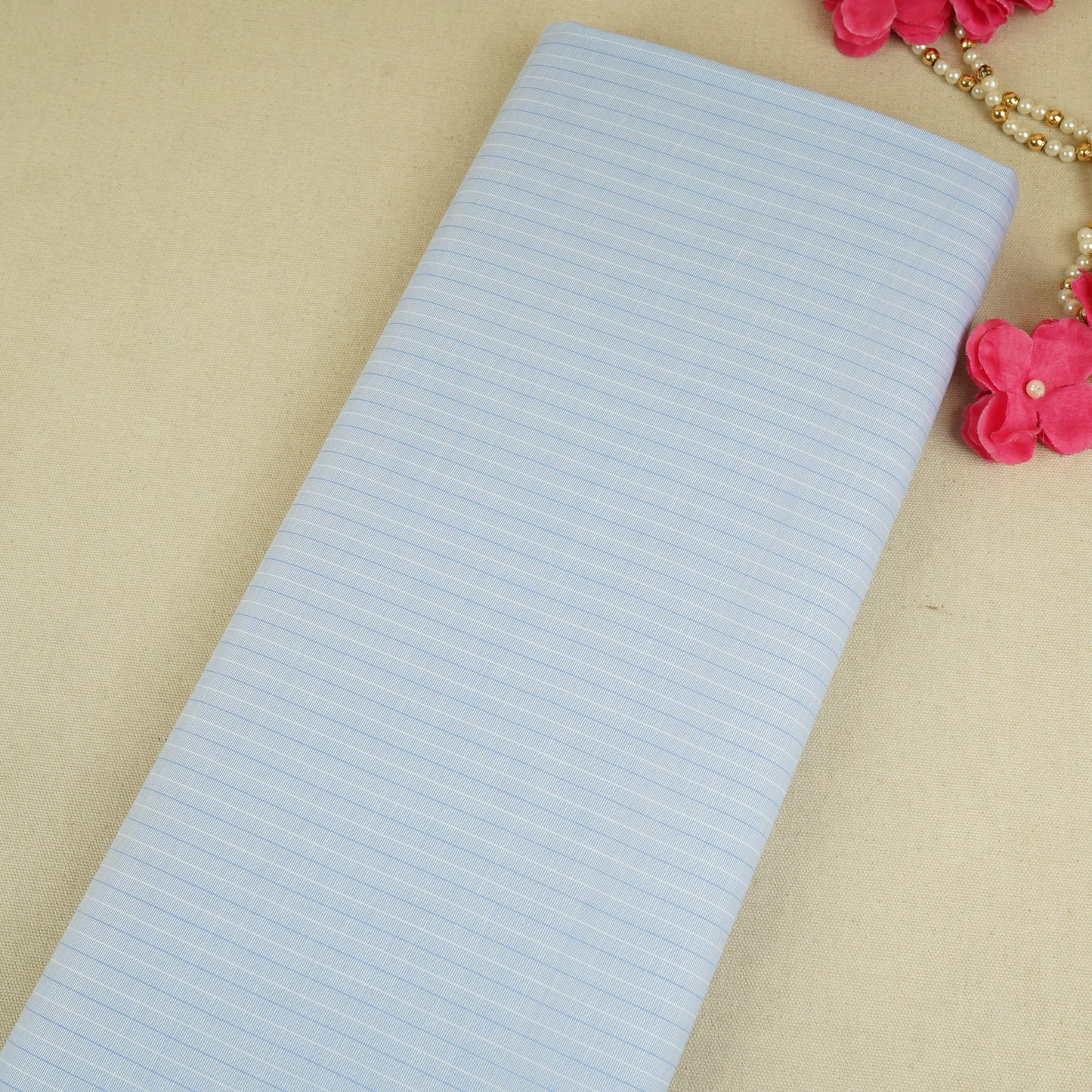 Light Blue & White Stripes Print Poplin Fabric MFM-30119