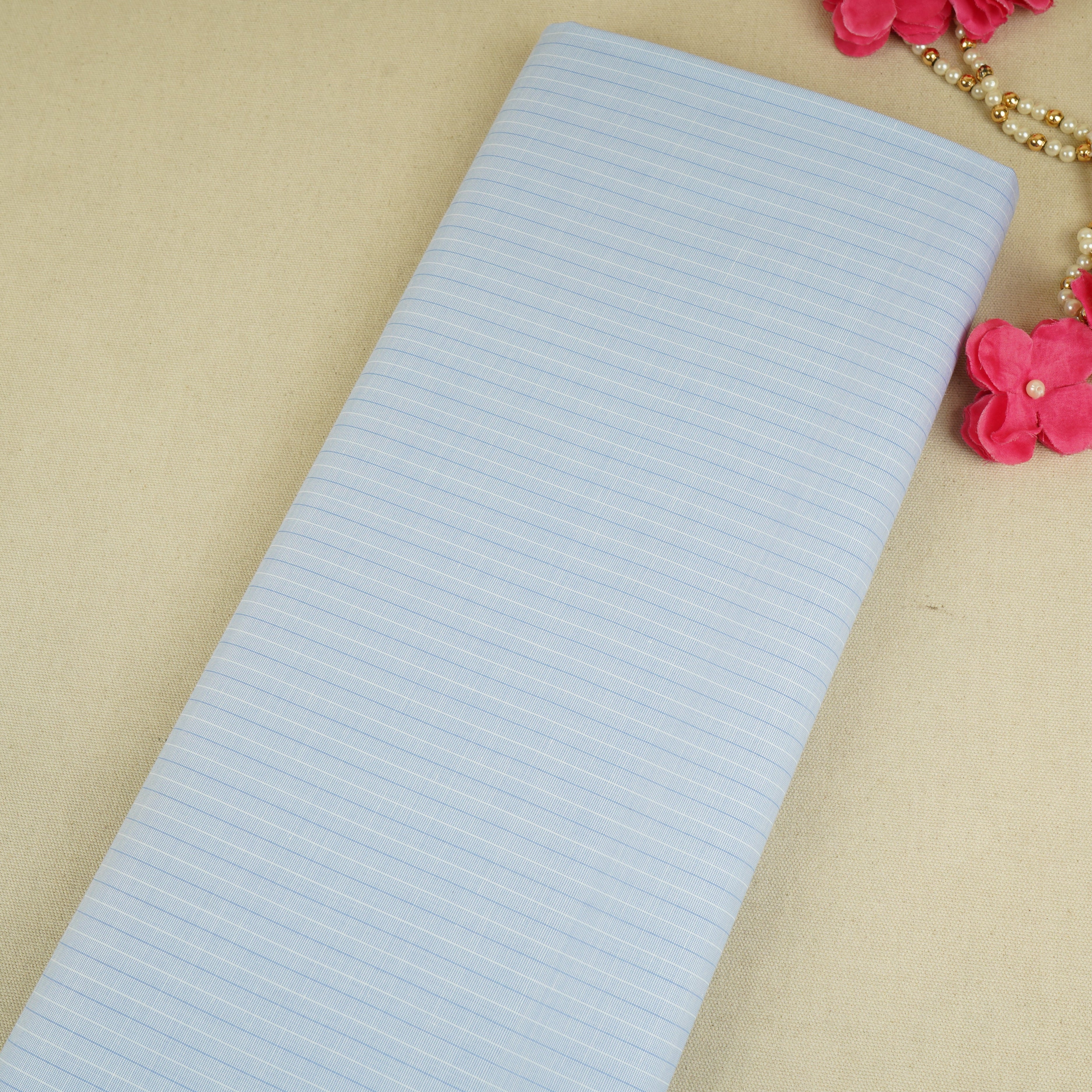 Light Blue & White Stripes Print Poplin Fabric MFM-30119 - TradeUNO