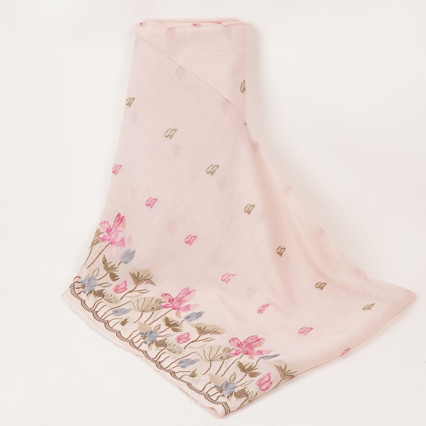 Off White thread Border embroidery Chinon Cotton Slub Fabric VFS-31527