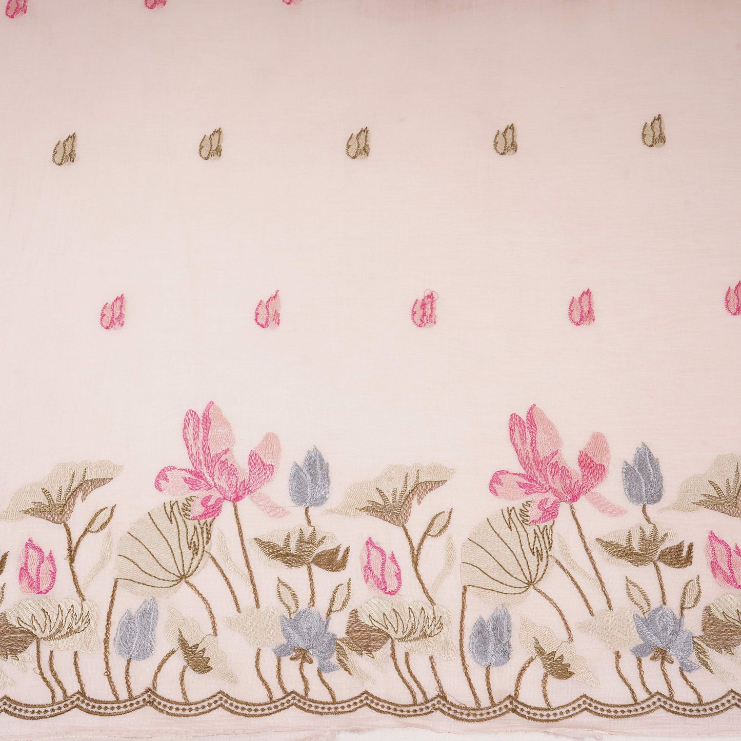 Off White thread Border embroidery Chinon Cotton Slub Fabric VFS-31527