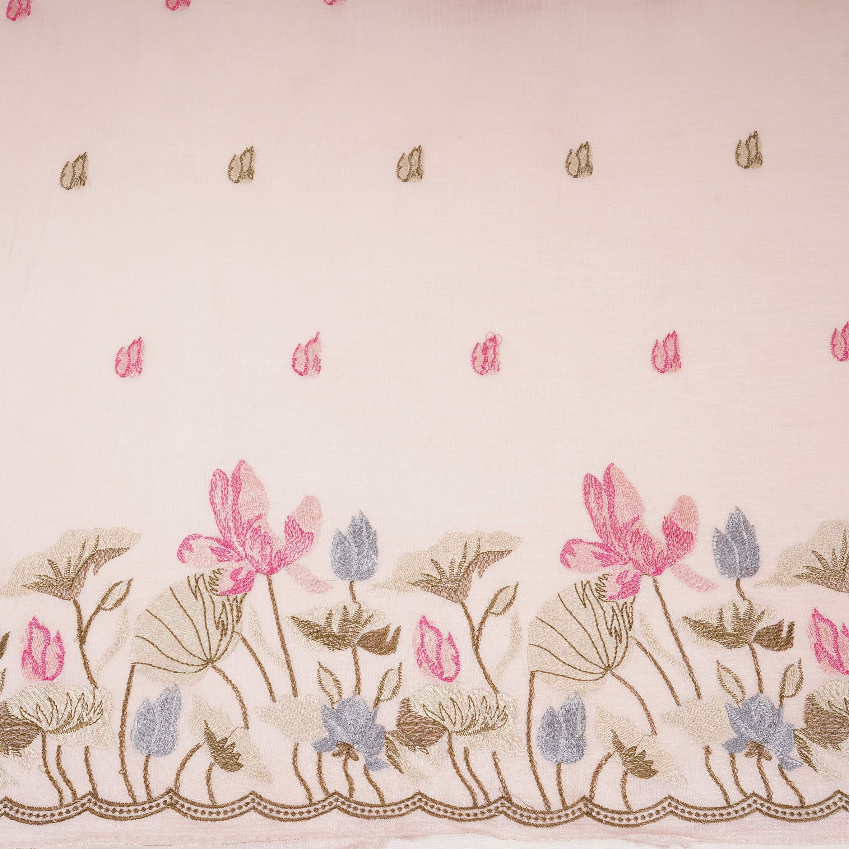 Off White thread Border embroidery Chinon Cotton Slub Fabric VFS-31527 - TradeUNO