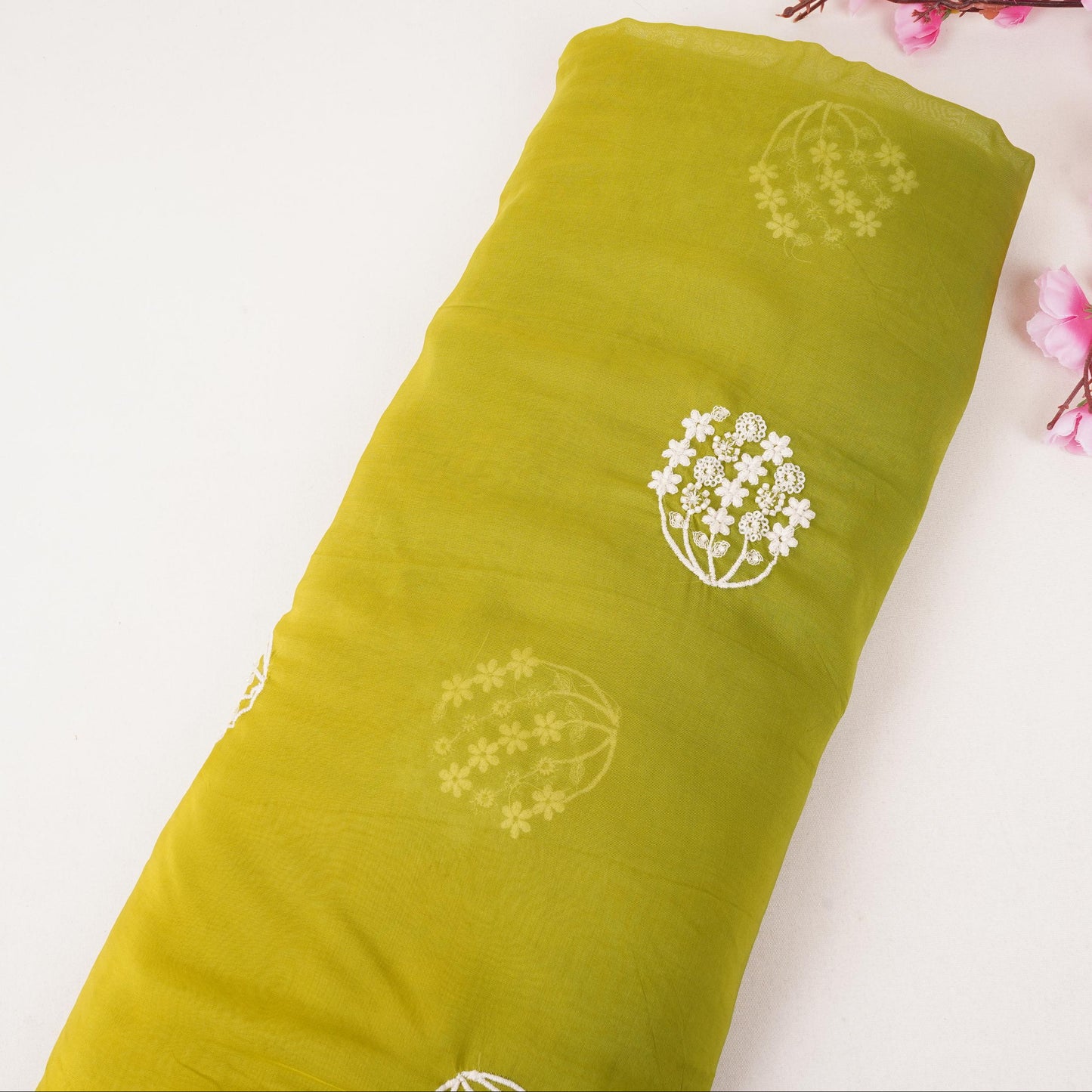 Lime Green with Multicolor 4D thread embroidery Organza Fabric VFS-31676