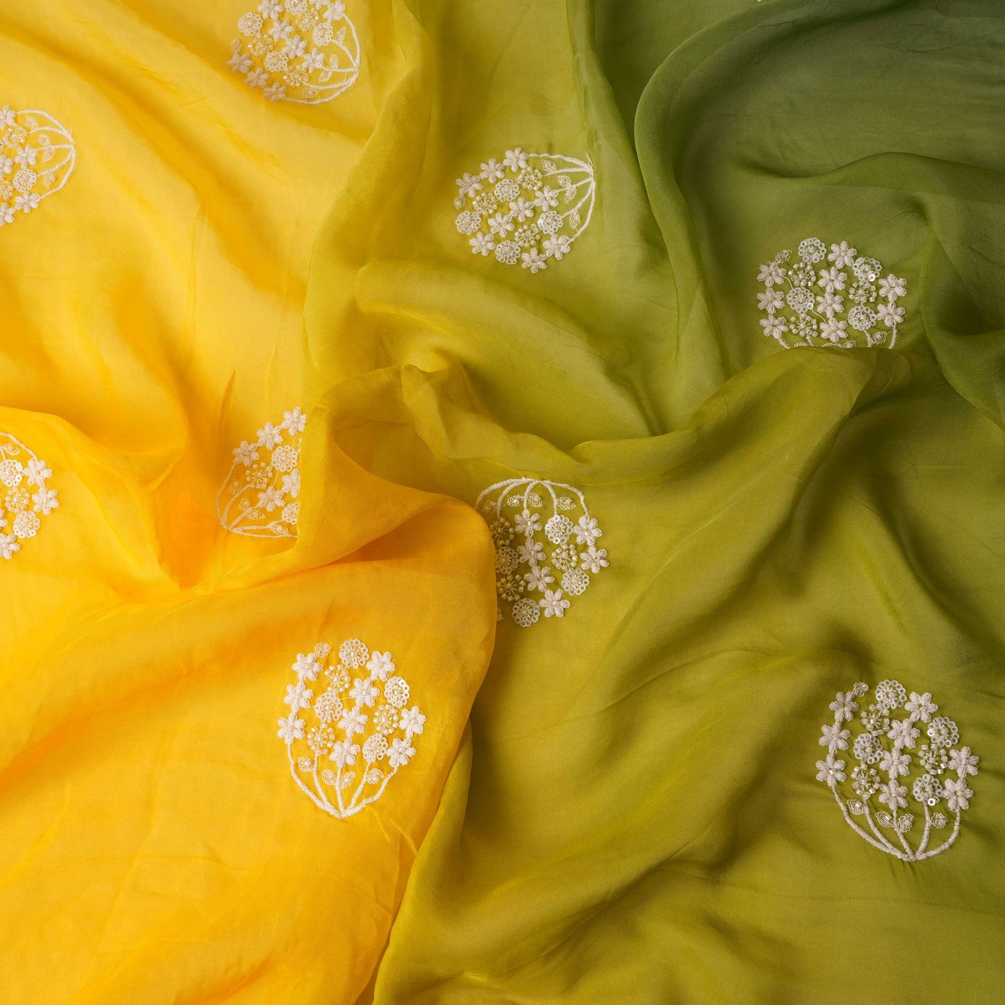 Lime Green with Multicolor 4D thread embroidery Organza Fabric VFS-31676