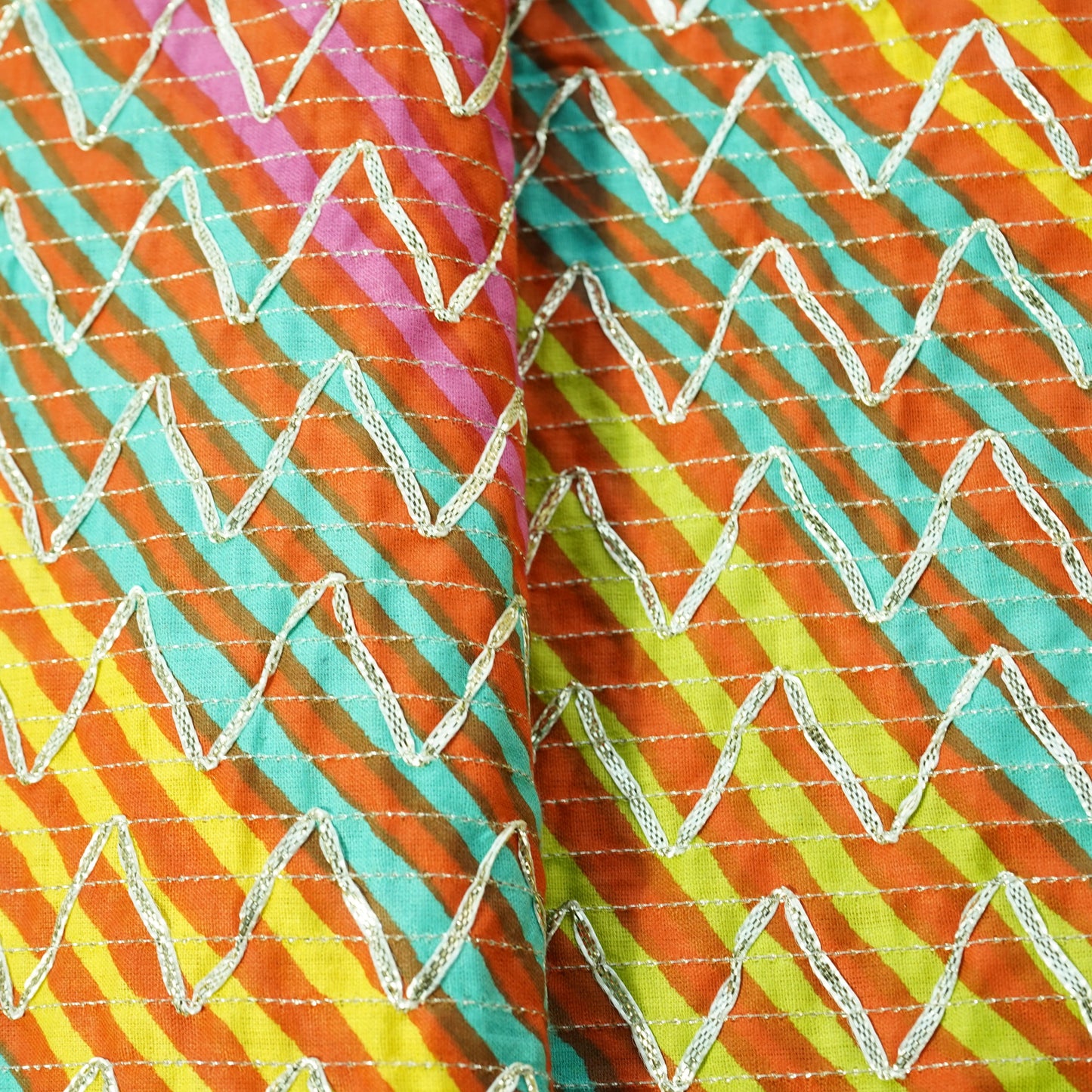 Pink Multicolor Lehariya Print Gota Work Cambric Cotton