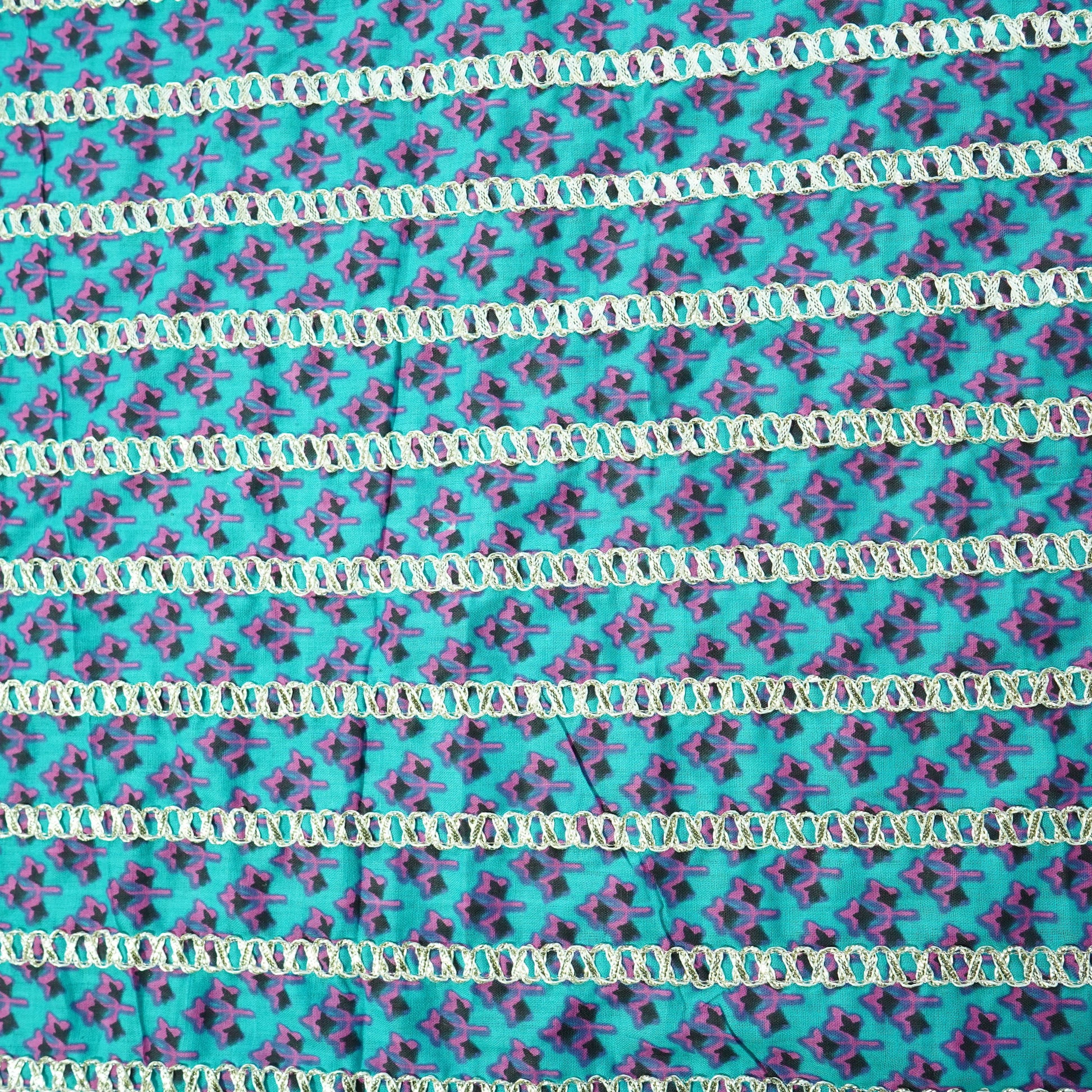 Blue Pink Floral Print Gota Work Cambric Cotton